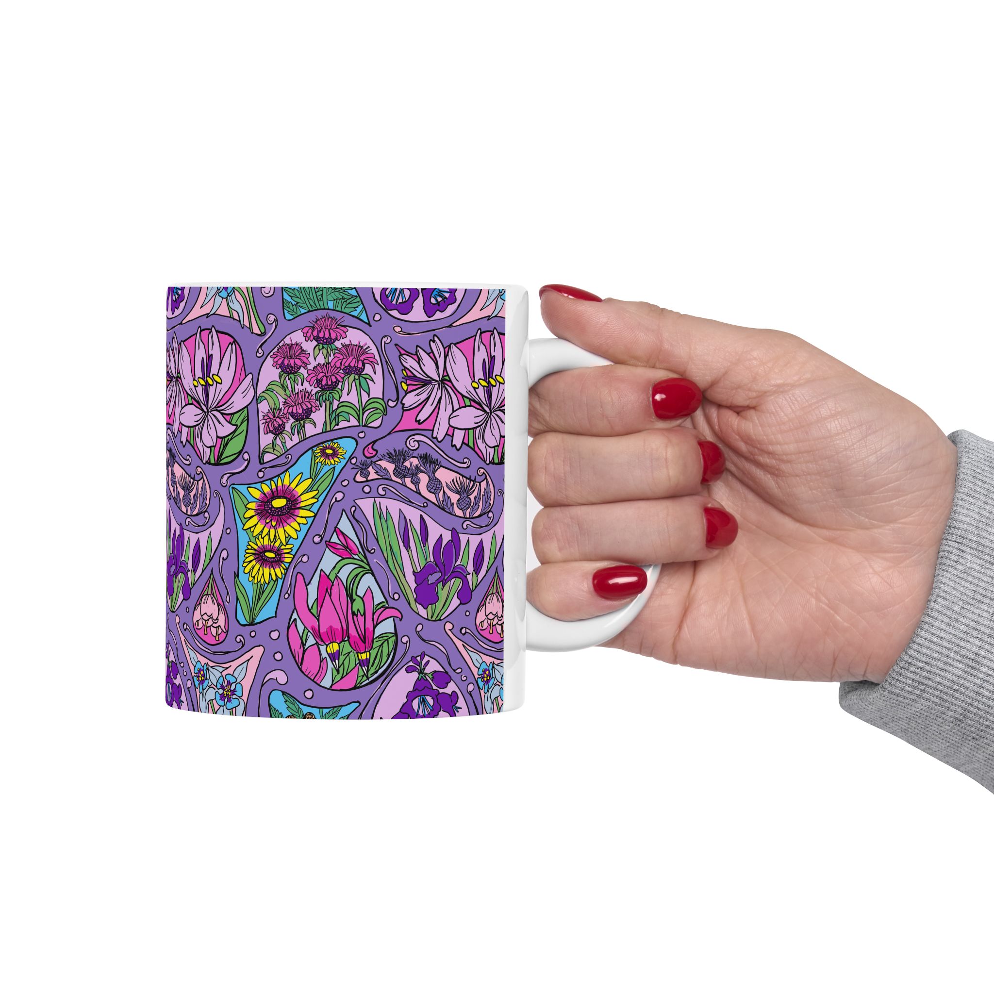 Floral Paisley Ceramic Mug - Purple Garden Pattern (11oz & 15oz) - Image 3