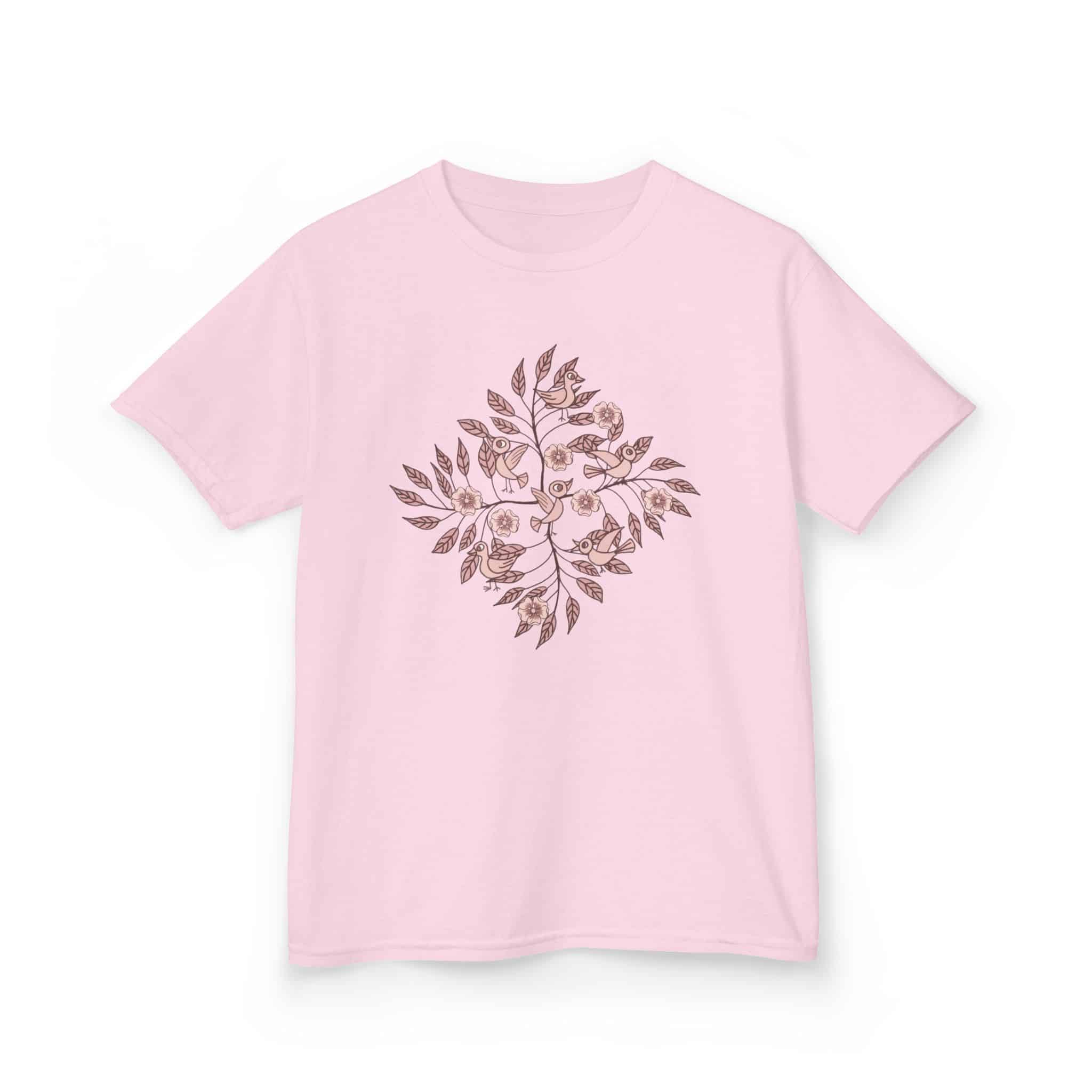 Kids Tee — Pink Watercolor Bird & Leaf Floral Design