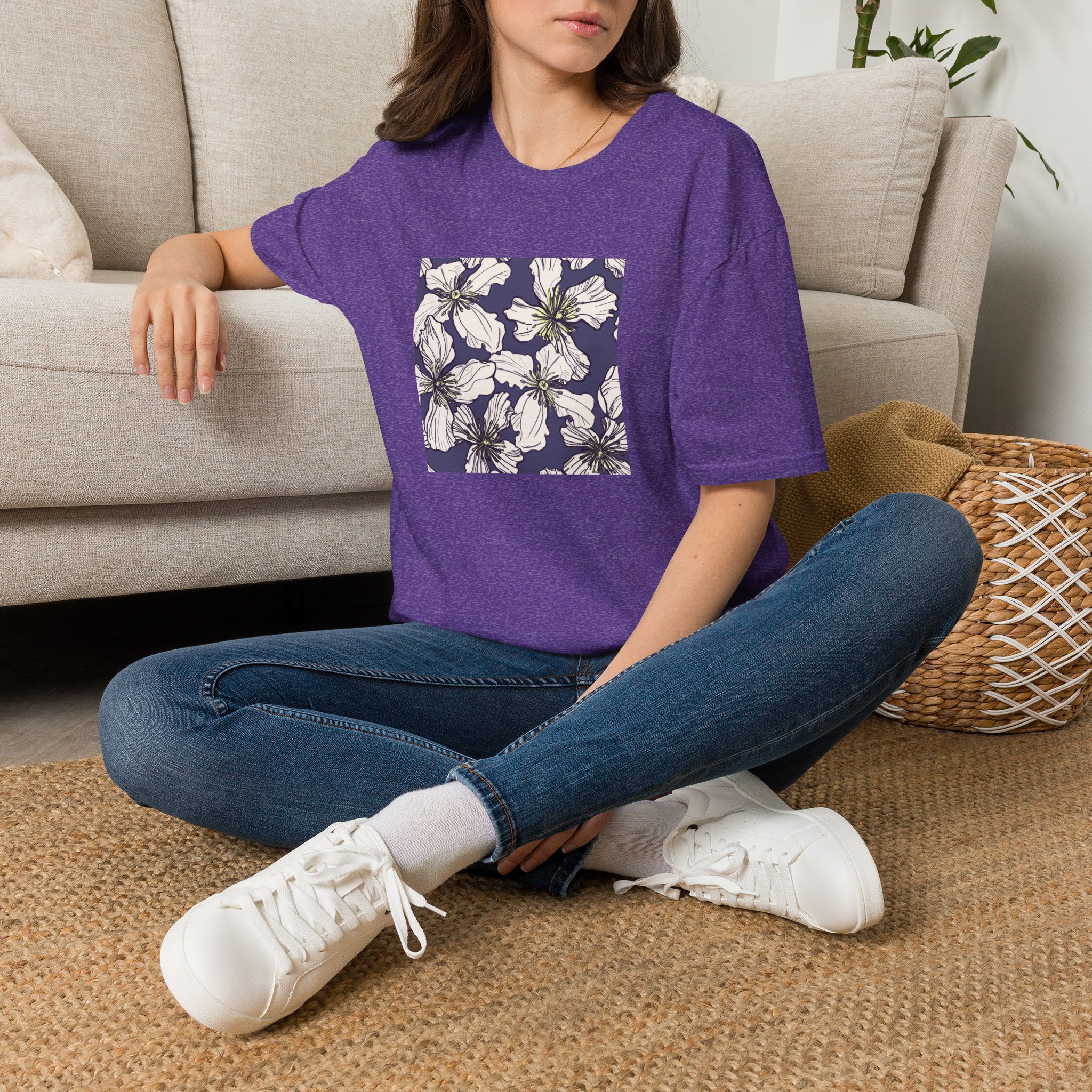Floral Square Tee — White Clematis Print T-Shirt - Image 17