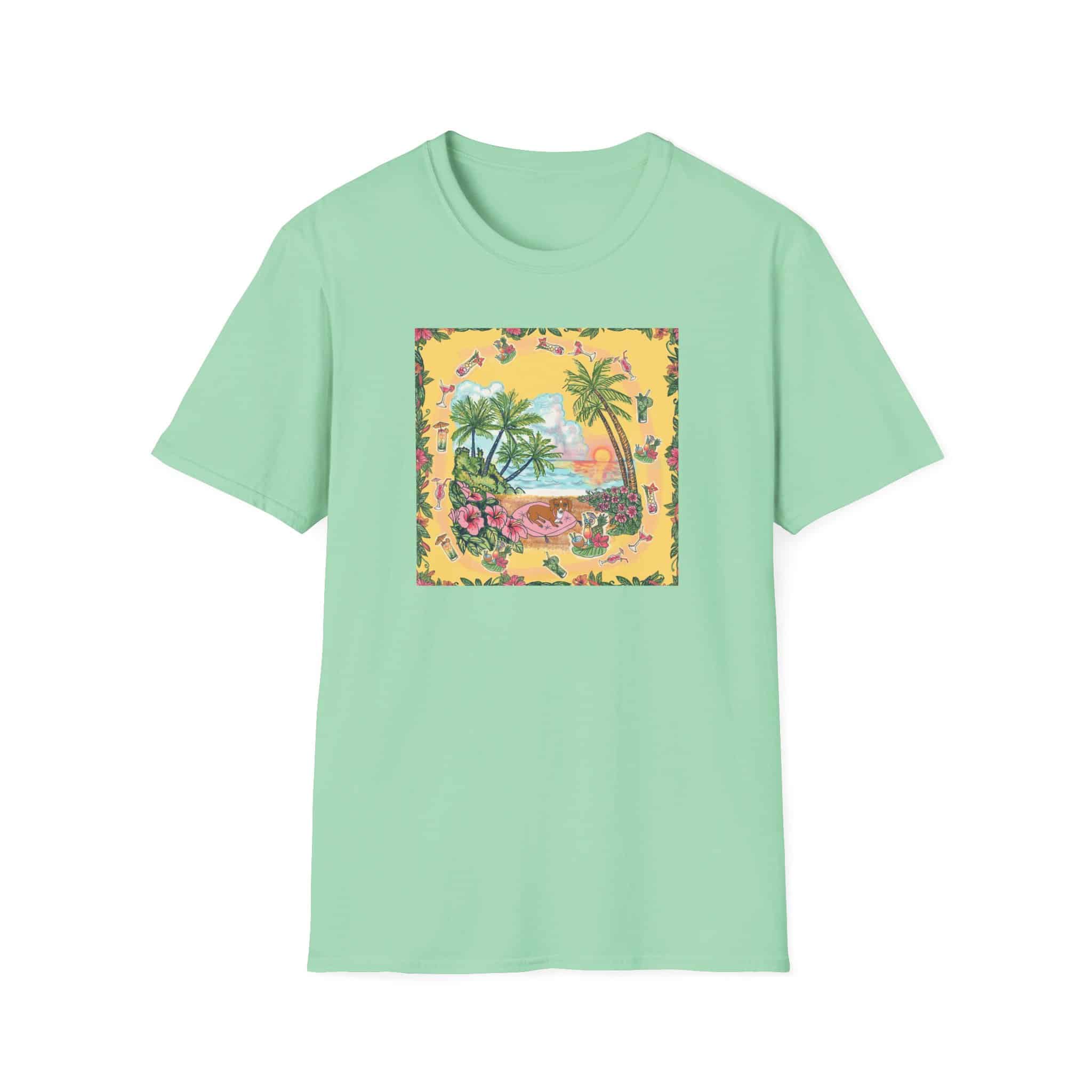 Girl Dachshund on a Tropical Sunset Beach T-Shirt — Vintage Beach Floral Graphic - Image 23