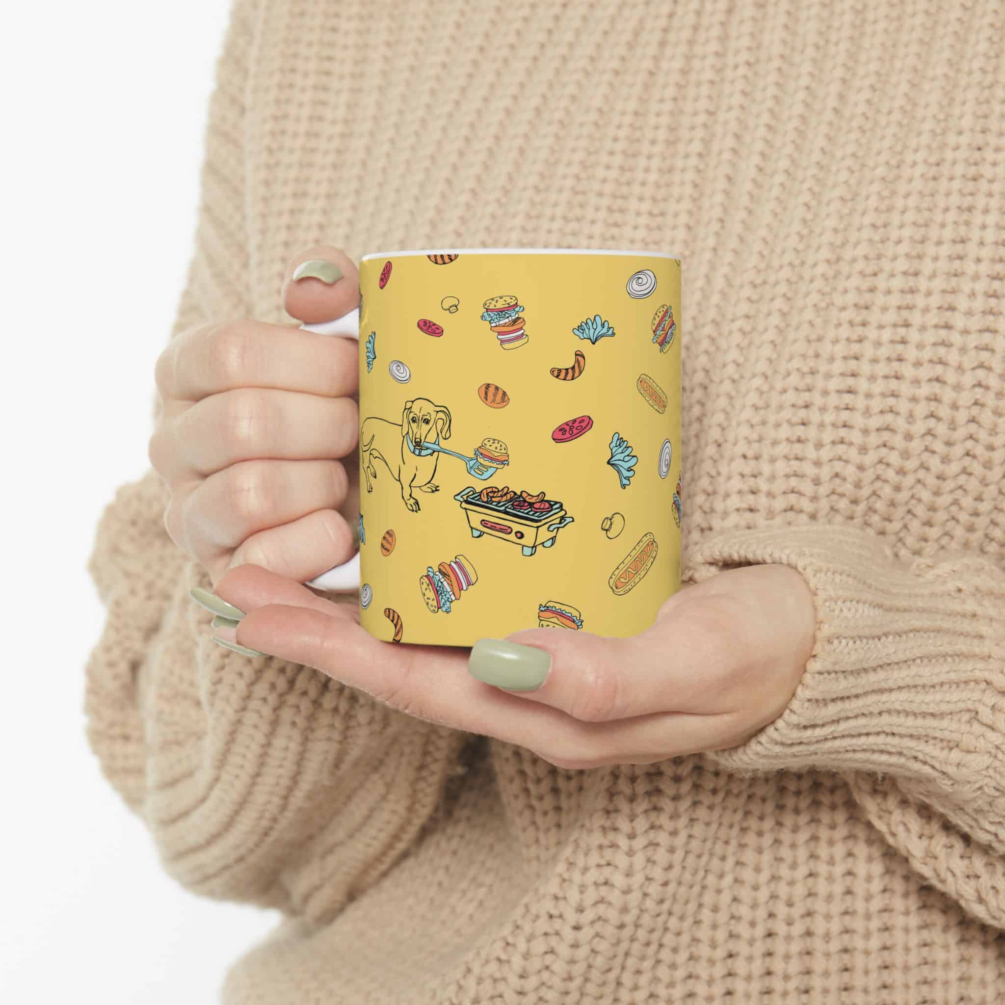 Dachshund Cooking on Hibachi Pattern Ceramic Mug — Cute Burger & Hot Dog 11oz/15oz Coffee Cup - Image 5