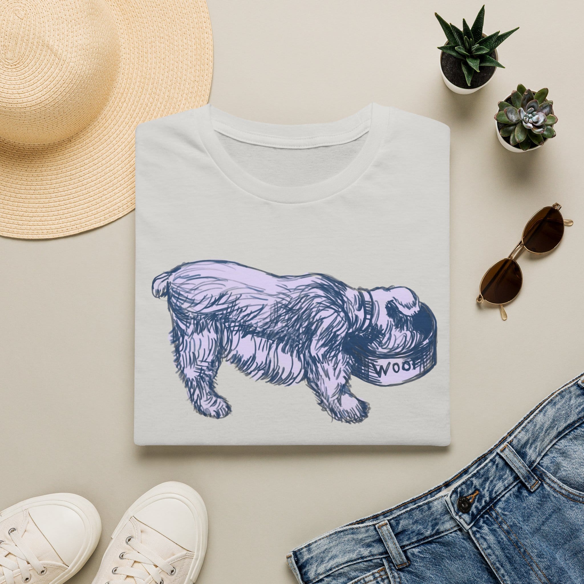 Quirky Vintage Pup Illustration T-Shirt — 'Woof' Dog Bowl Graphic - Image 13
