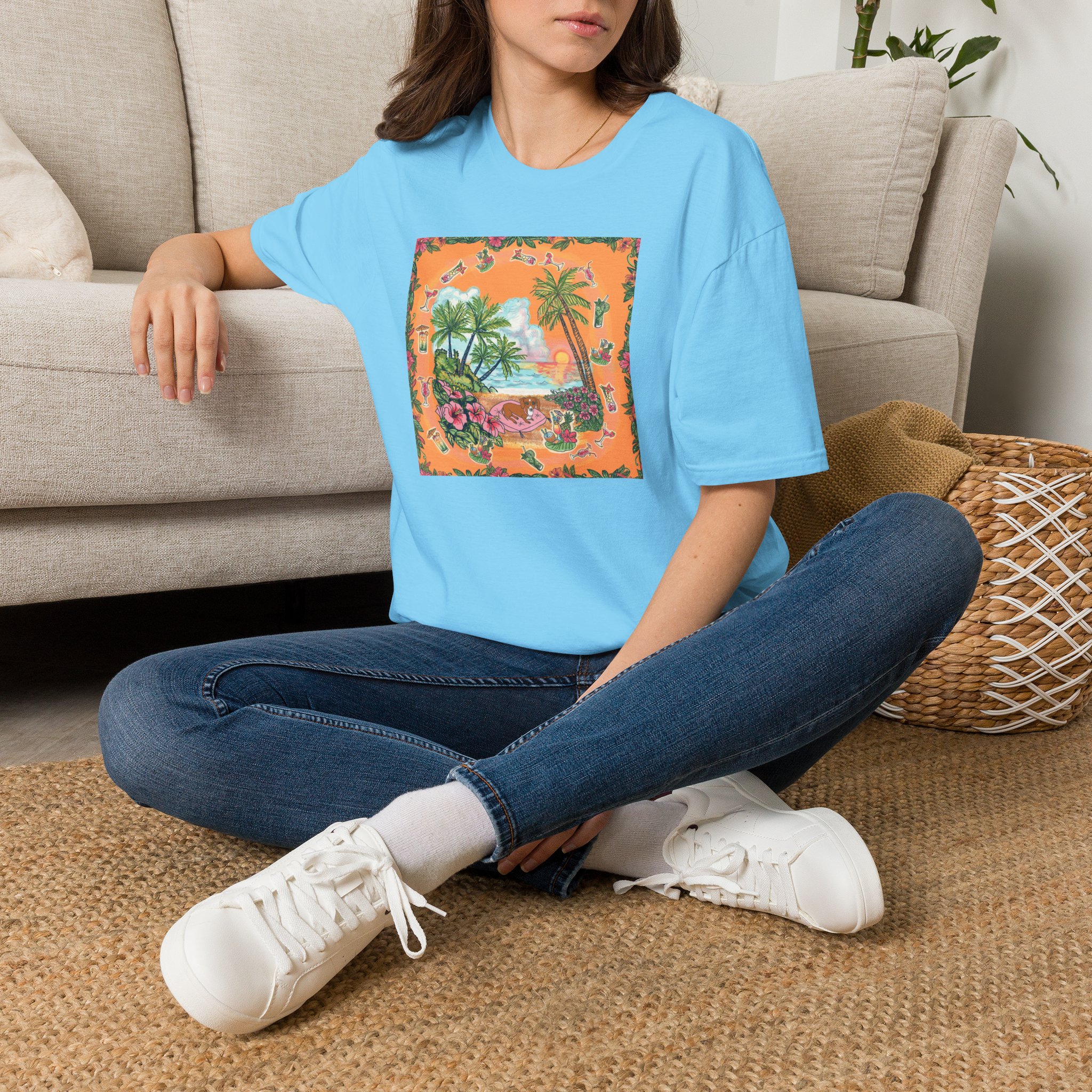 Girl Dachshund on a Tropical Sunset Beach T-Shirt — Vintage Beach Floral Graphic - Image 23
