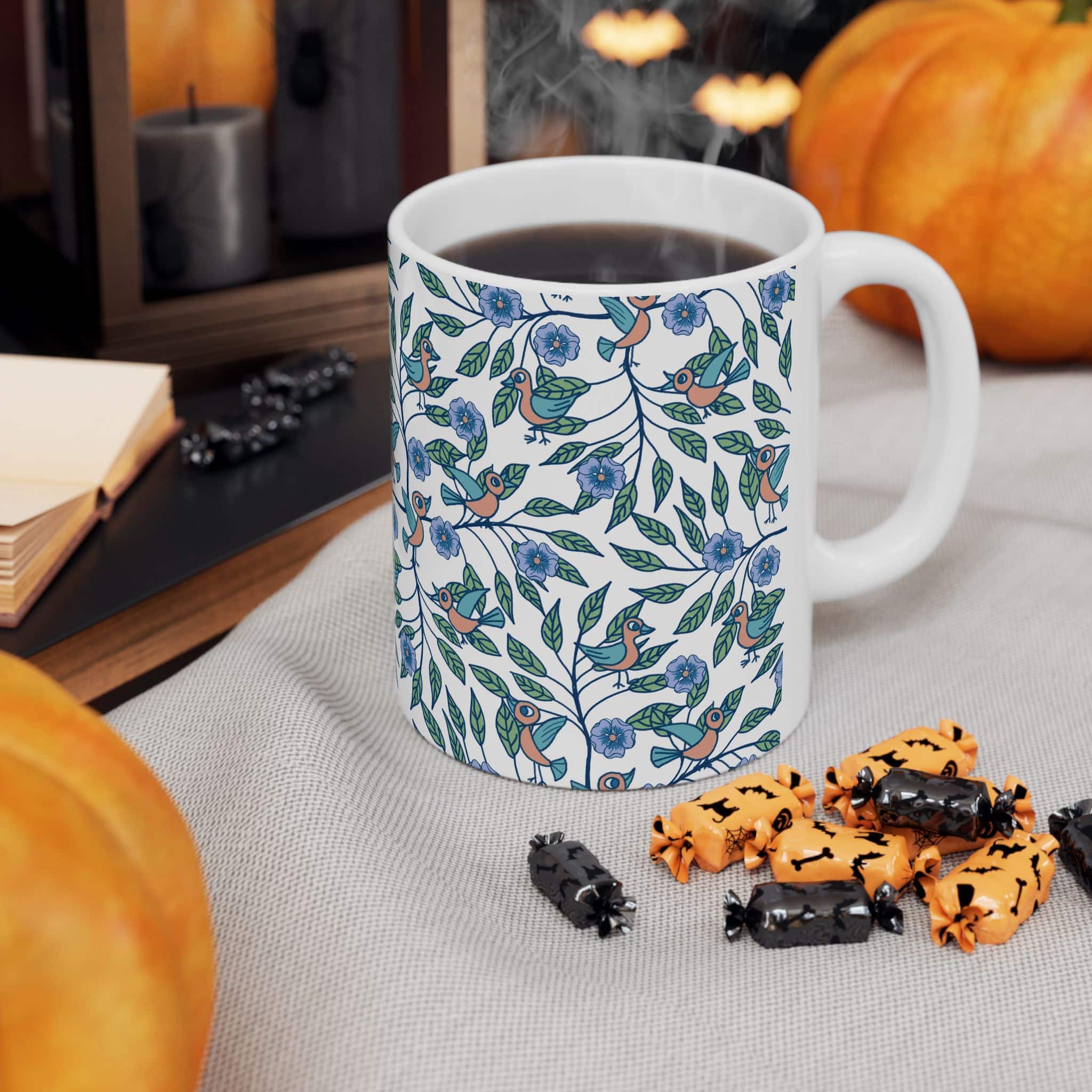 Floral Bird Pattern Ceramic Mug — Blue & Green Botanical 11oz/15oz - Image 4