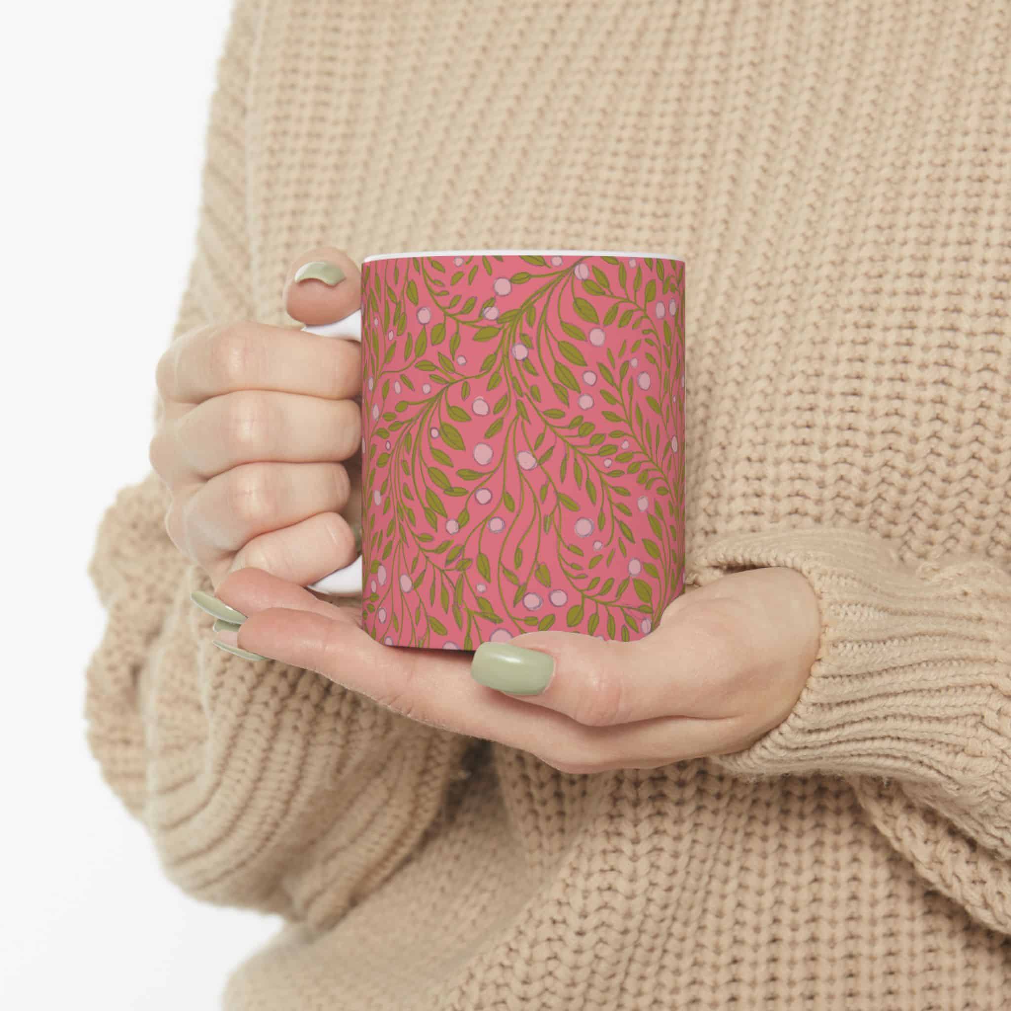 Coral Botanical Ceramic Mug — Floral Vine Pattern Coffee Tea Cup (11oz & 15oz) - Image 5