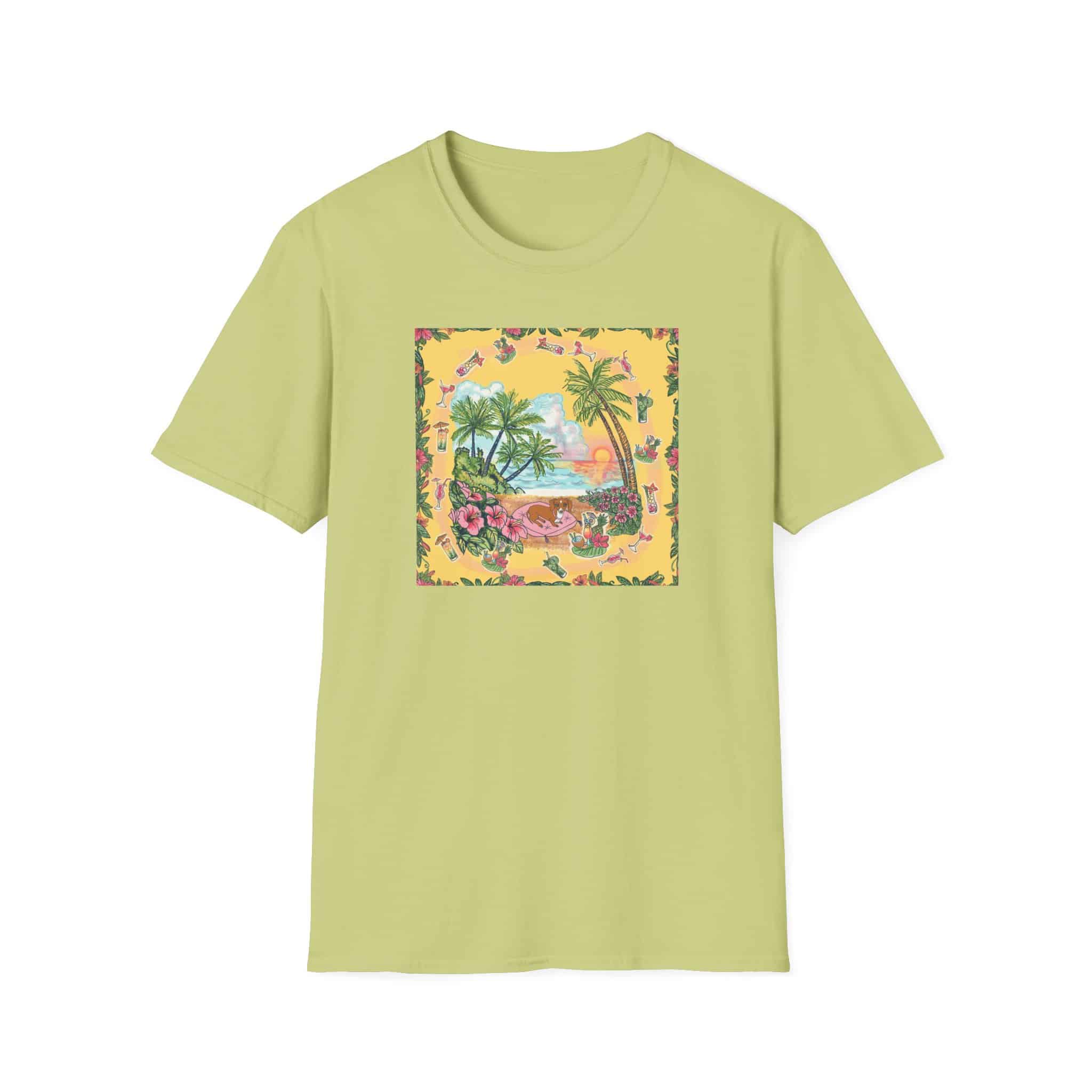 Girl Dachshund on a Tropical Sunset Beach T-Shirt — Vintage Beach Floral Graphic - Image 3