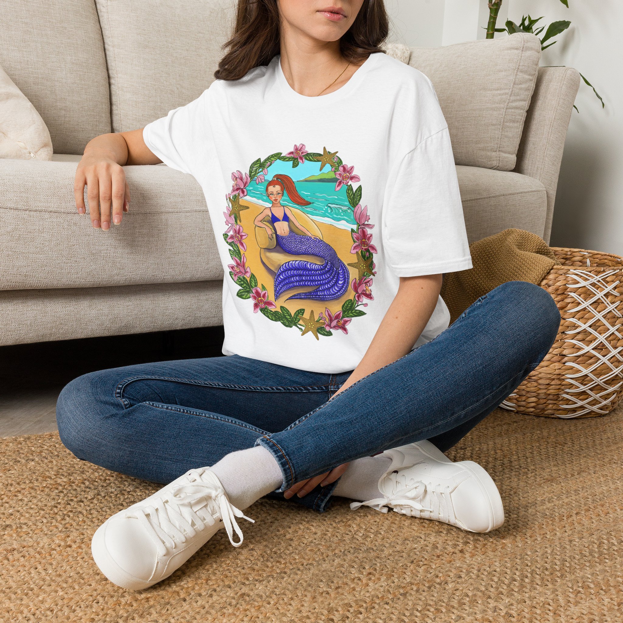 Red-Headed Mermaid Beach Vibes T-Shirt — Tropical Floral Ocean Graphic - Image 11