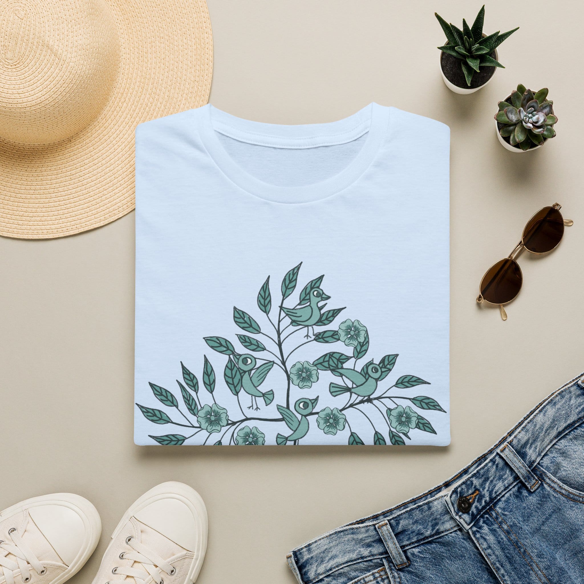 Botanical Bird Tee — Teal Floral Branch Graphic T-Shirt - Image 9