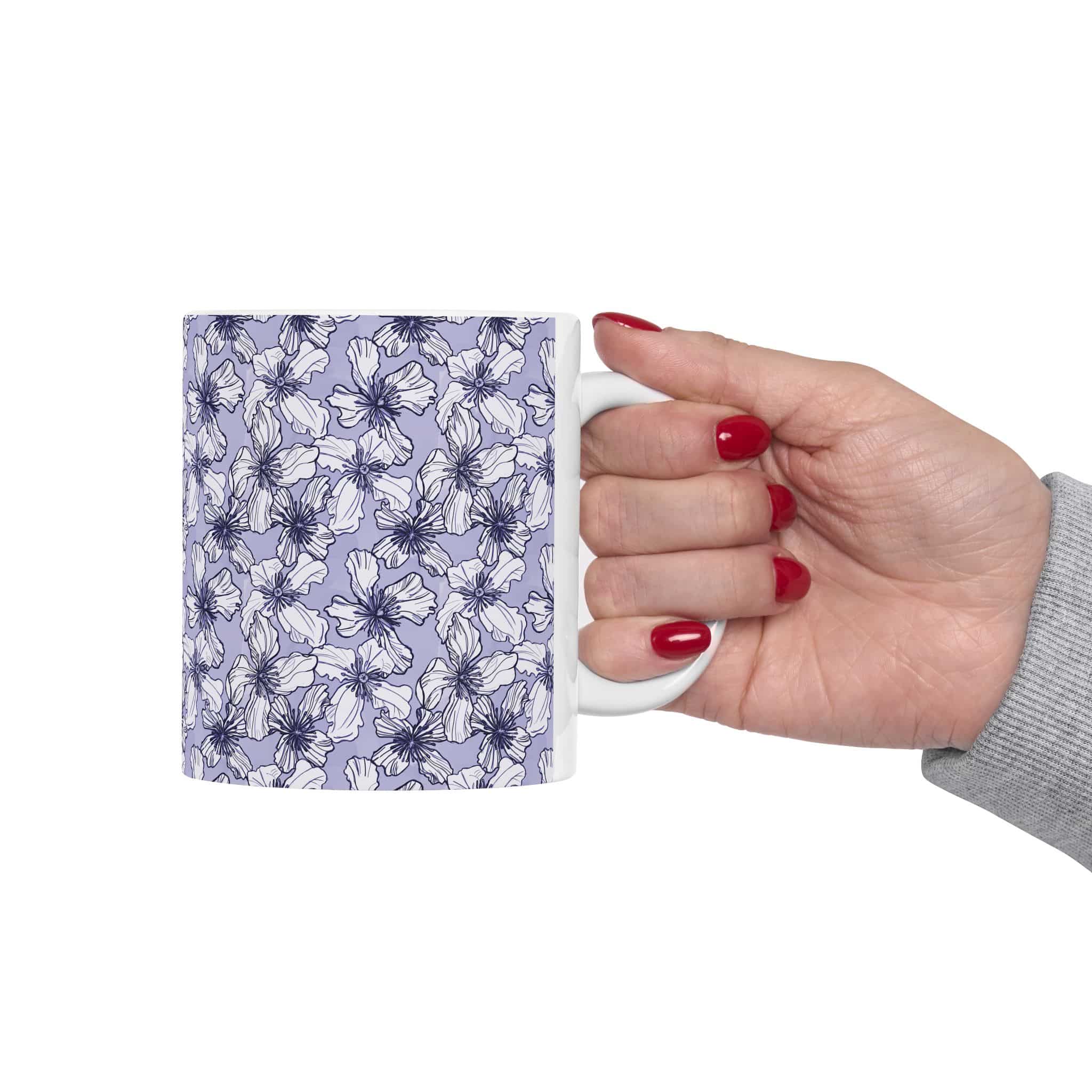 Lavender Floral Ceramic Mug — Purple Hand-Drawn Clematis Blossom Pattern (11oz & 15oz) - Image 3
