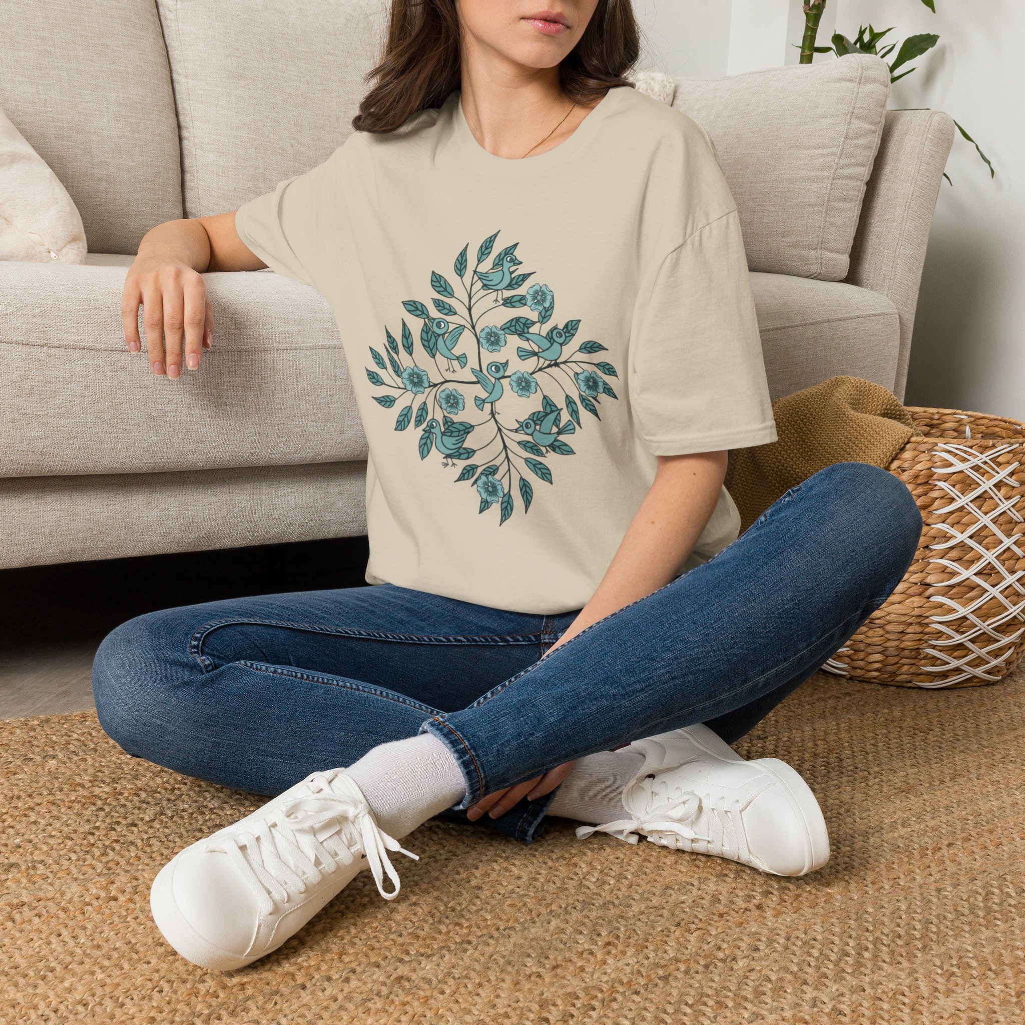 Botanical Bird Tee — Teal Floral Branch Graphic T-Shirt - Image 22