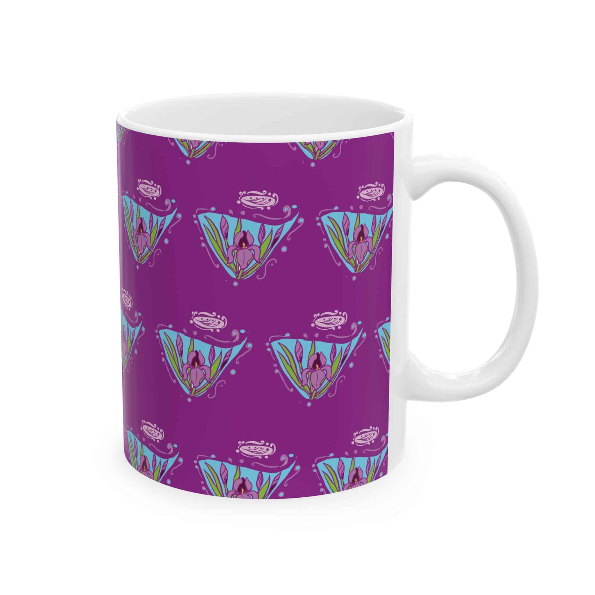 Purple Floral Art Nouveau Iris Pattern Ceramic Mug — Cute Botanical Tea & Coffee Cup (11oz, 15oz) - Image 2