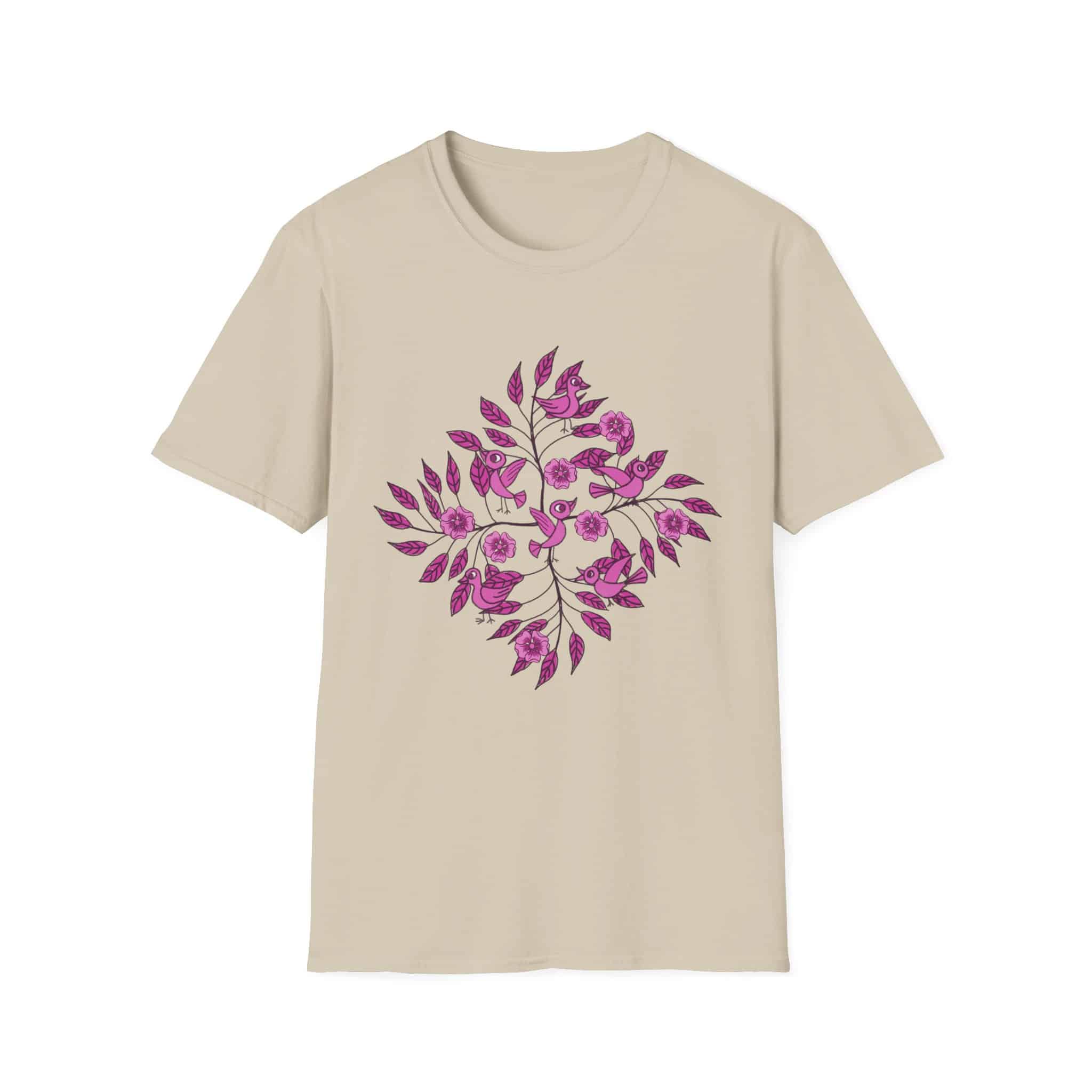 Floral Bird Branch T-Shirt —Pink Blossoms Graphic Tee - Image 3