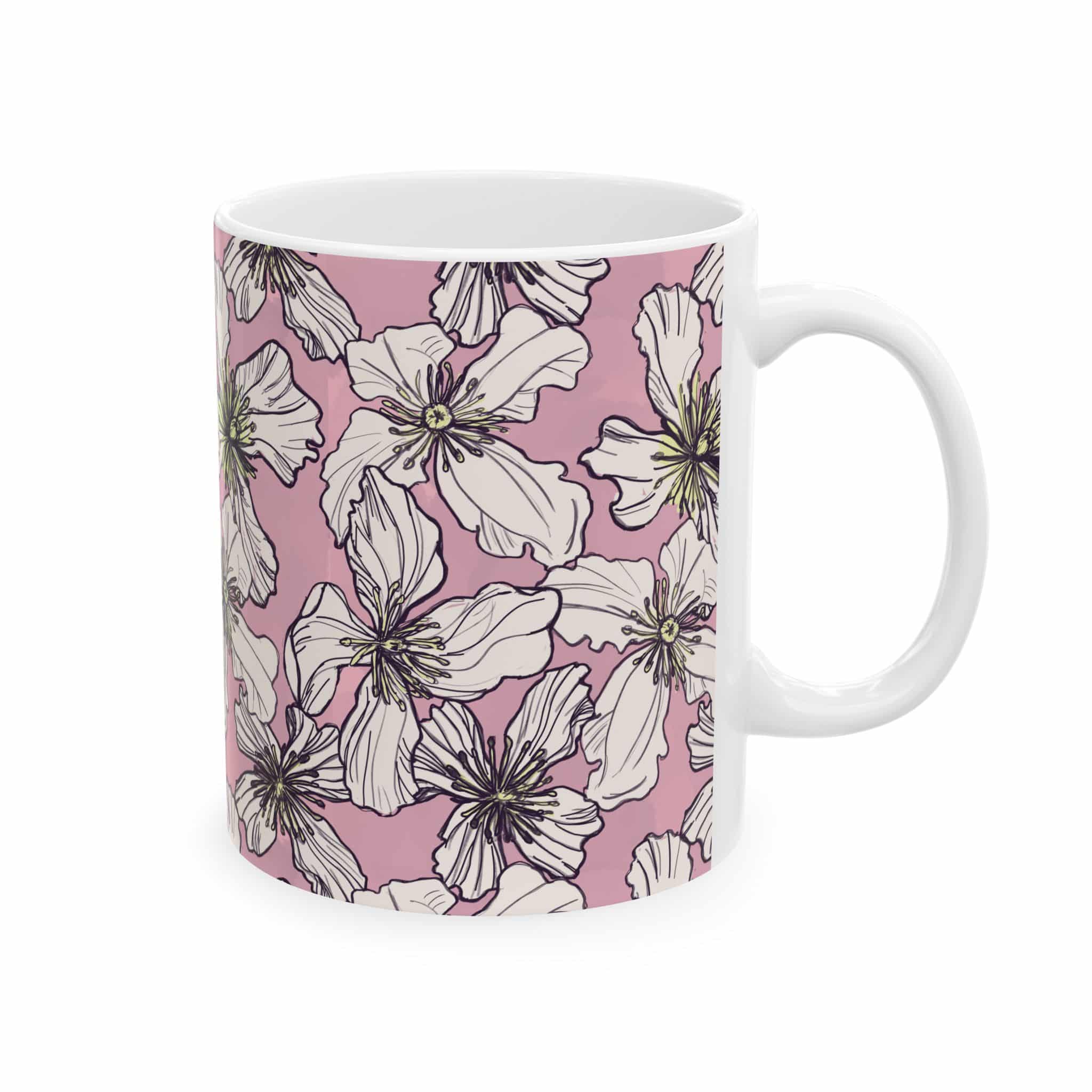 Pink Floral Ceramic Mug – White Clematis Pattern Tea & Coffee Cup (11oz, 15oz) - Image 2