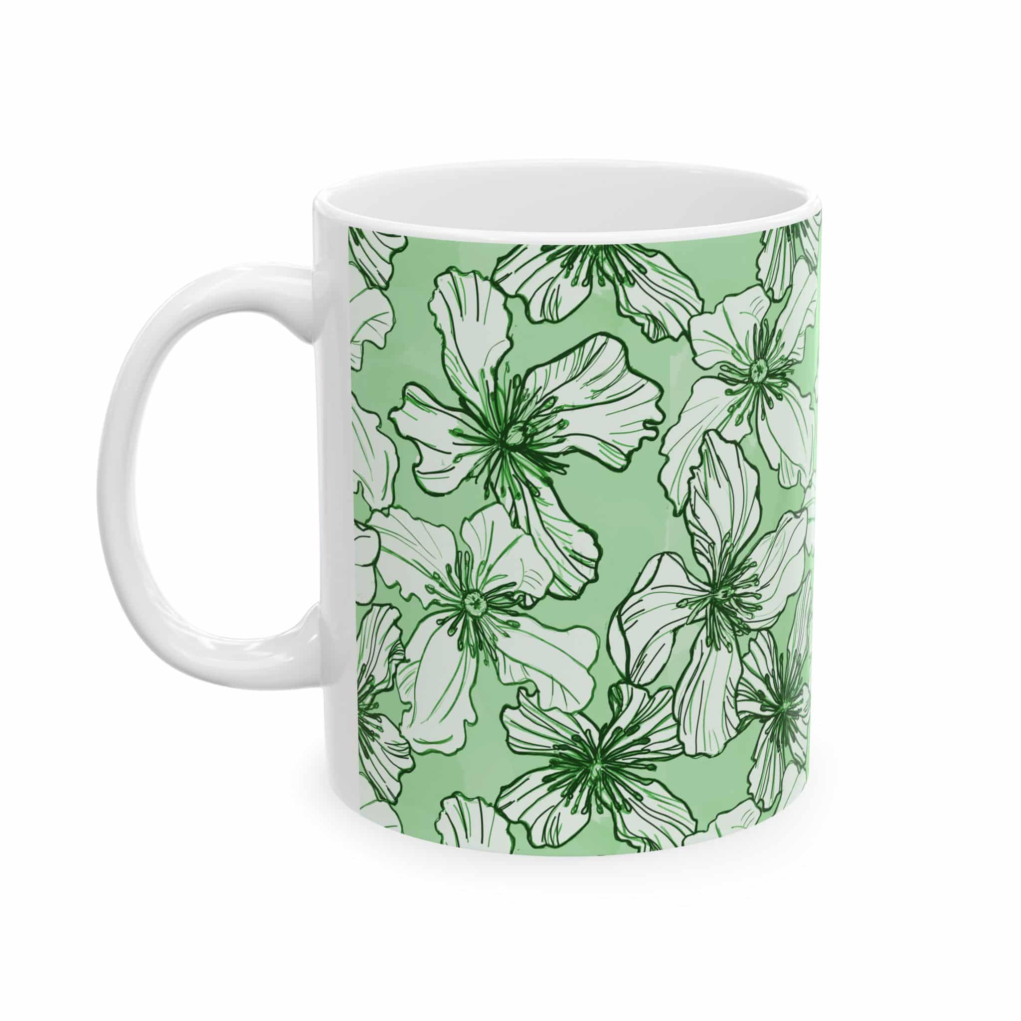 Green Floral Ceramic Mug — Hand-Drawn White Blossoms on Sage (11oz & 15oz)