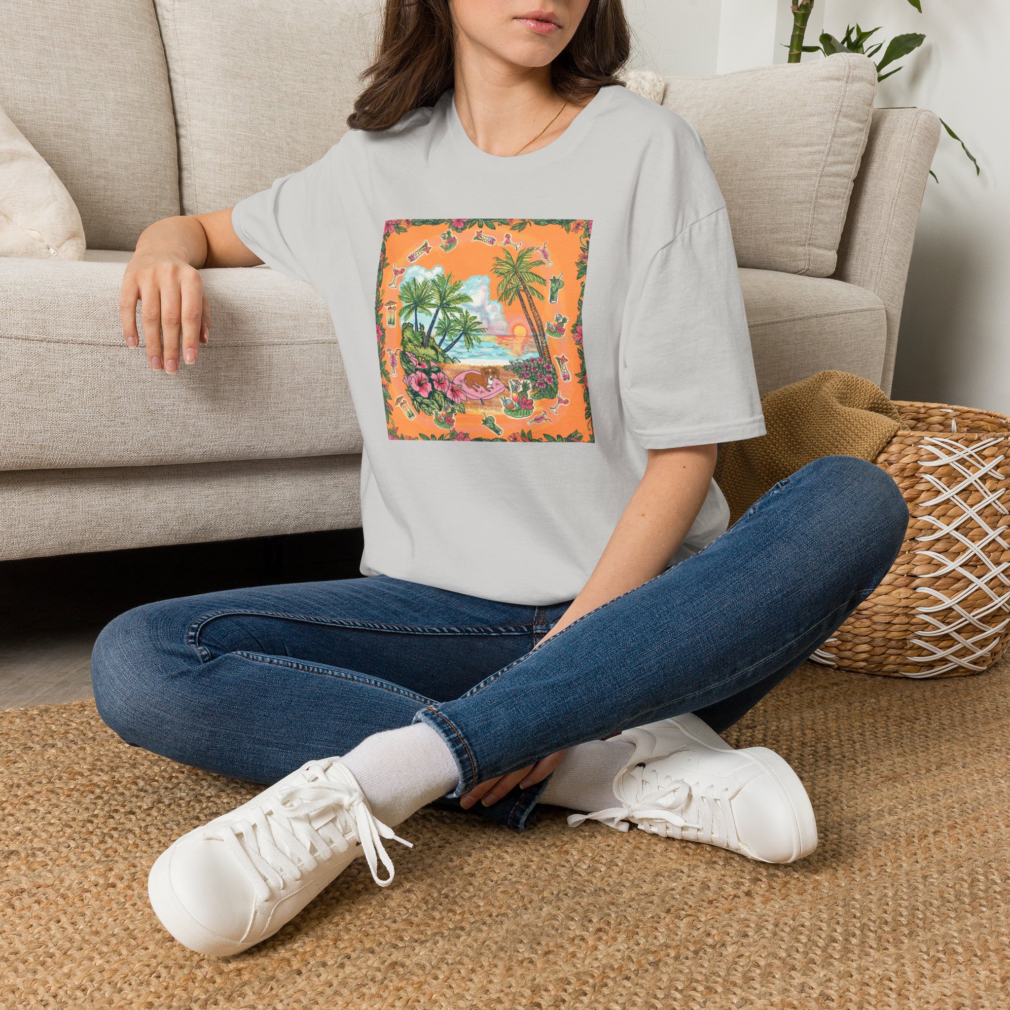 Girl Dachshund on a Tropical Sunset Beach T-Shirt — Vintage Beach Floral Graphic - Image 29