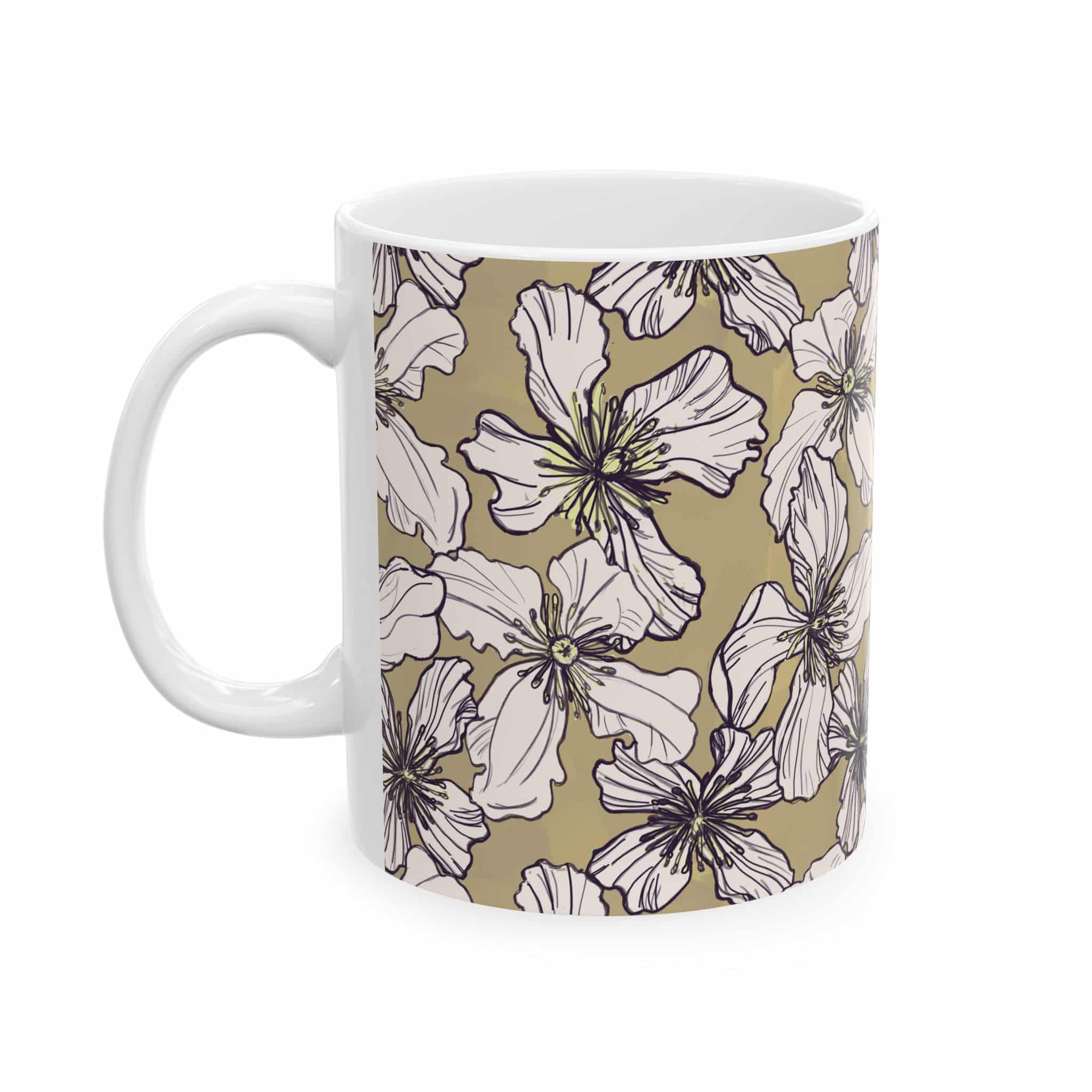 Vintage Floral Ceramic Mug — Neutral Beige & White Blossom Coffee Cup (11oz, 15oz)