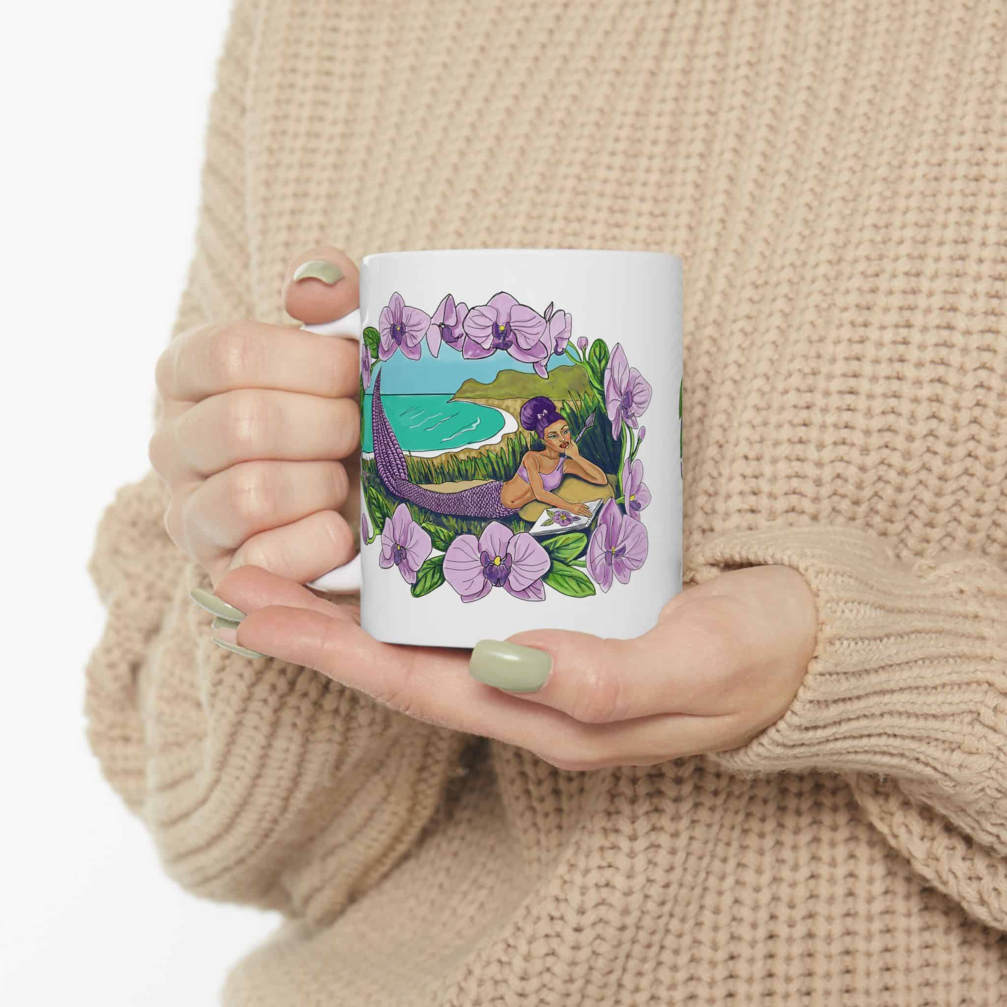 Mermaid Beach Floral Ceramic Mug —hand Illustrated 11oz/15oz Coffee Cup - Image 4