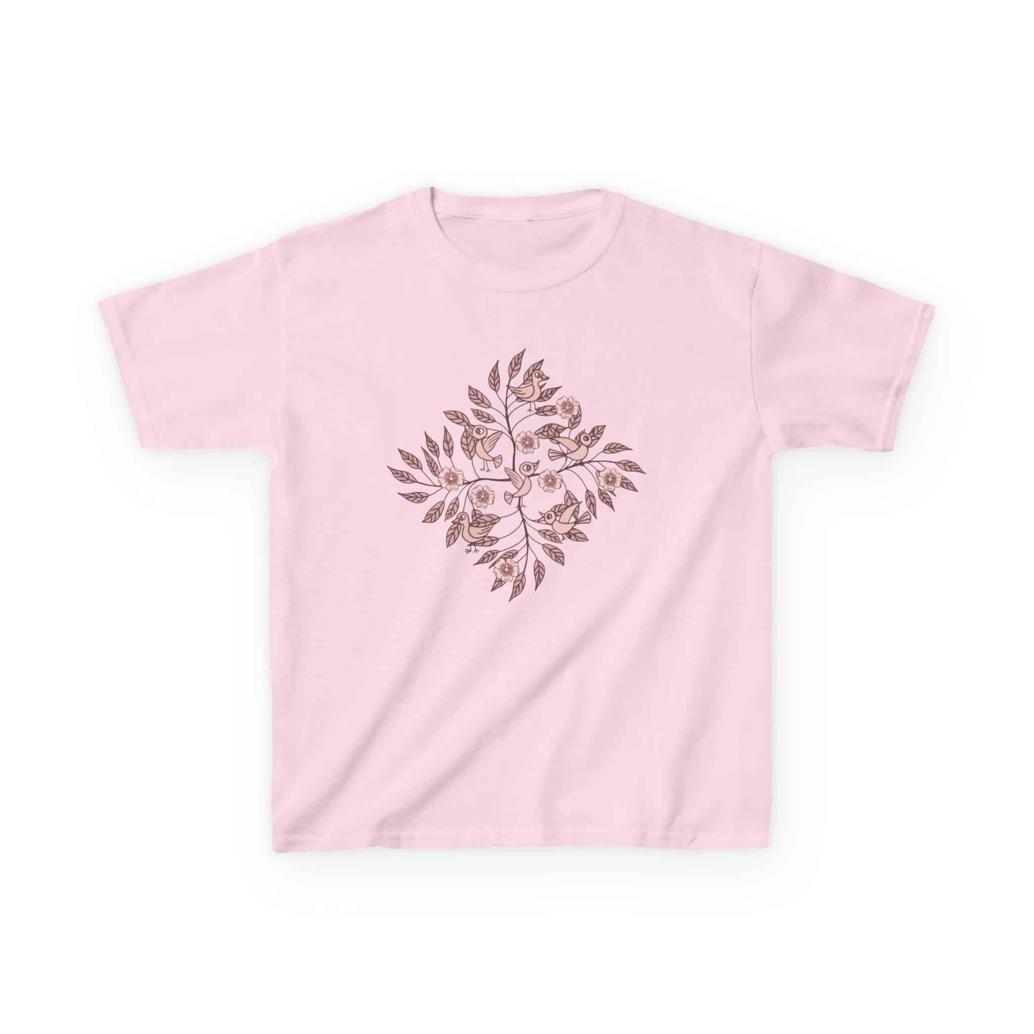 Kids Tee — Pink Watercolor Bird & Leaf Floral Design - Image 2