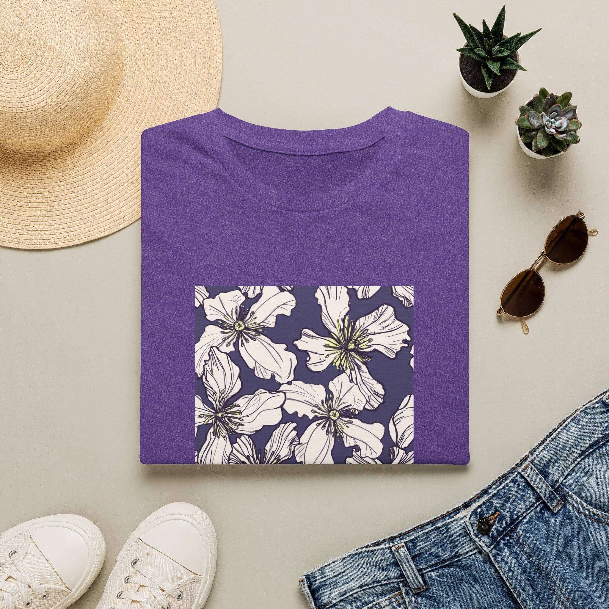 Floral Square Tee — White Clematis Print T-Shirt - Image 16