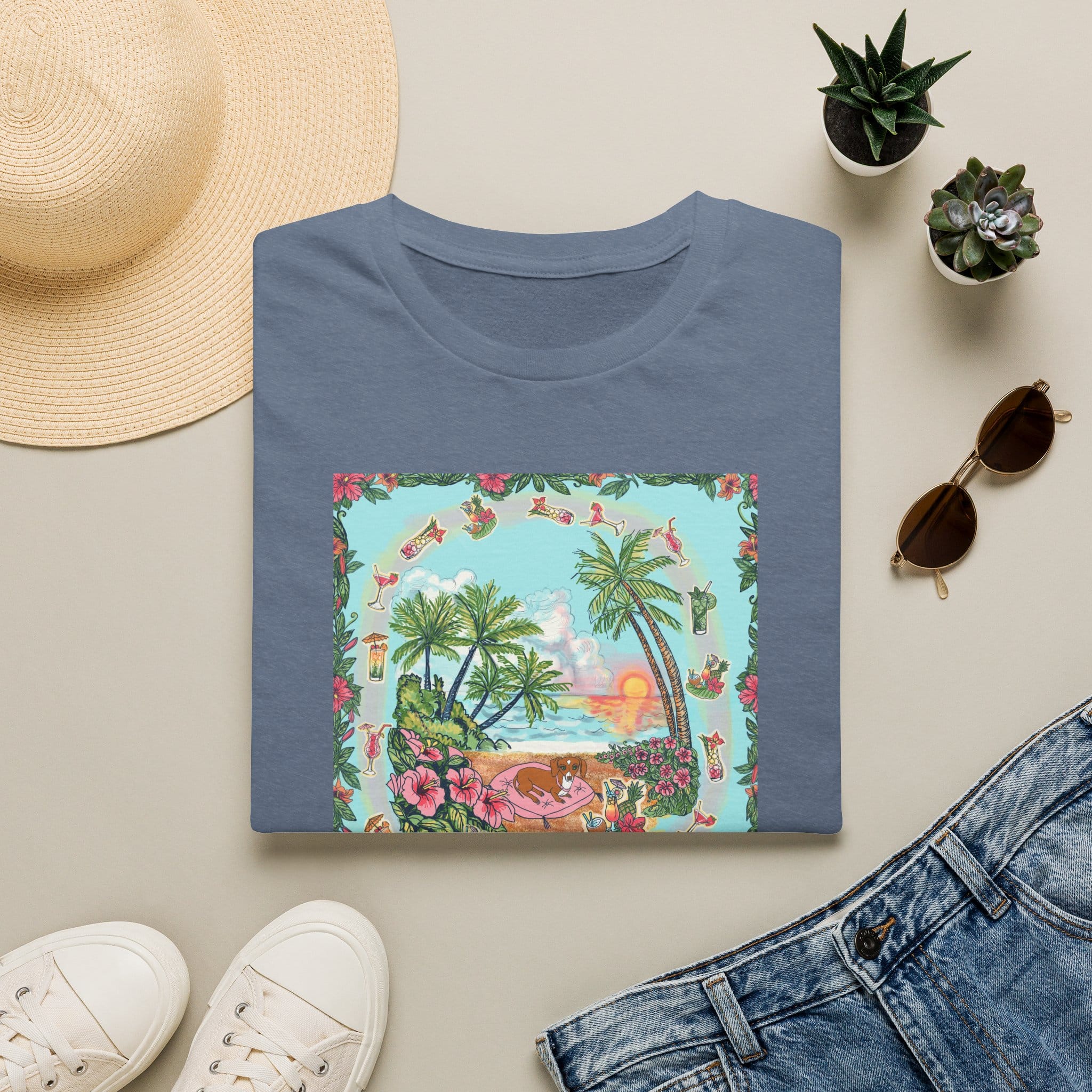 Dachshund on a Tropical Sunset Beach T-Shirt — Vintage Beach Floral Graphic - Image 37