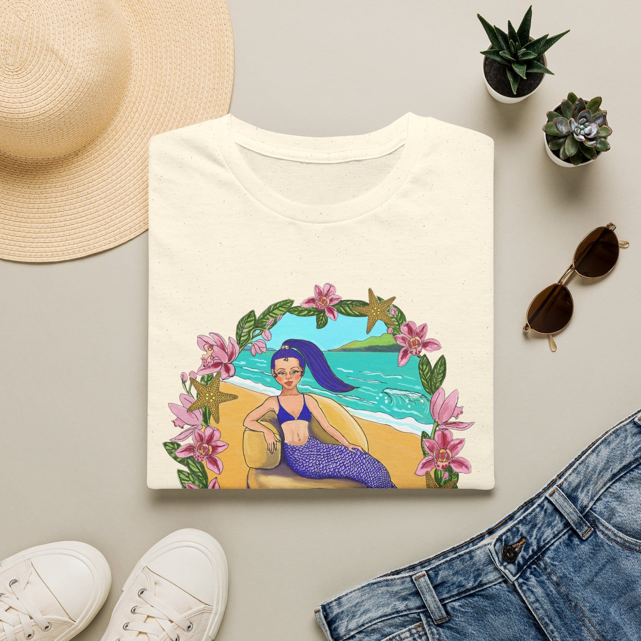 Blue-Haired Mermaid Beach Vibes T-Shirt — Tropical Floral Ocean Graphic - Image 13