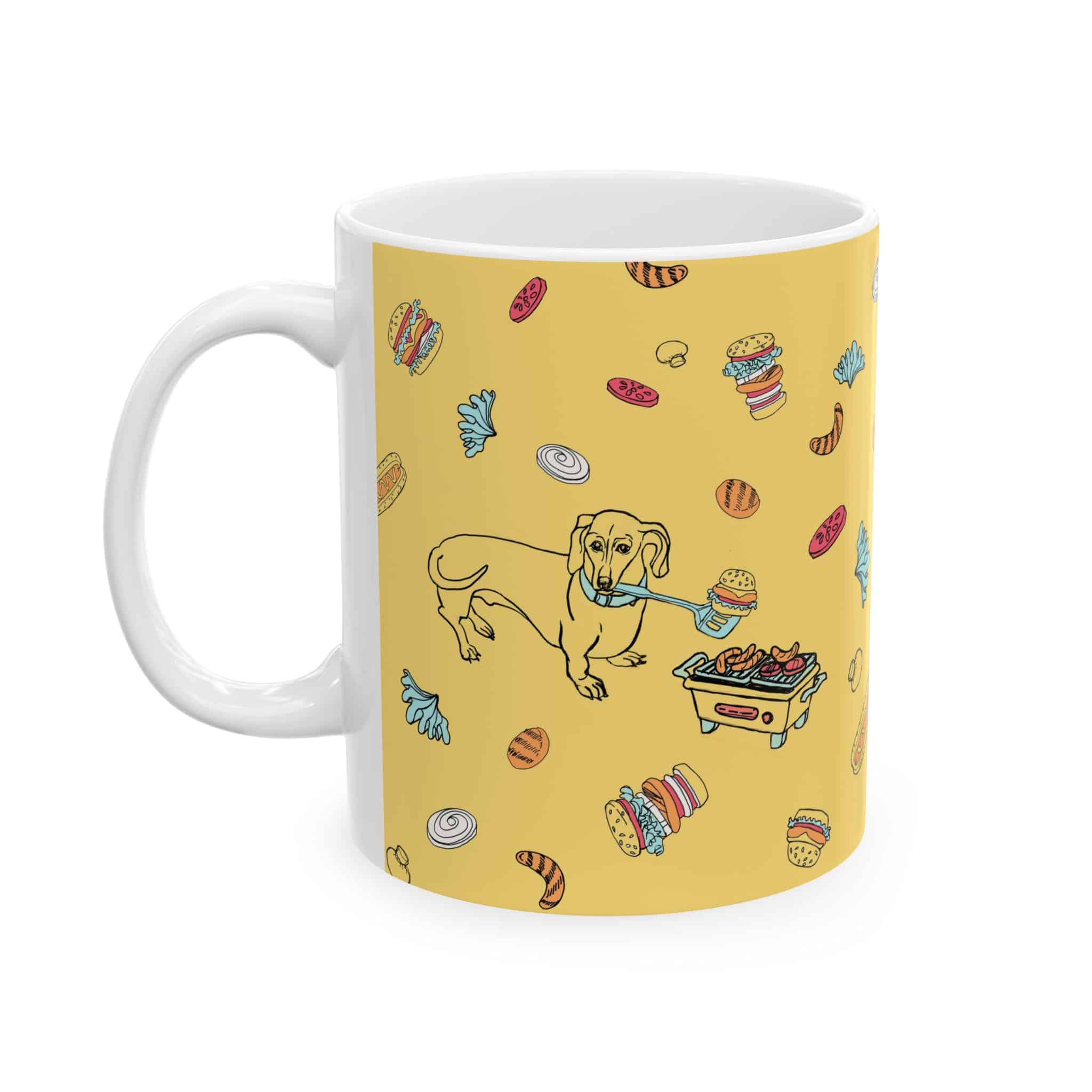 Dachshund Cooking on Hibachi Pattern Ceramic Mug — Cute Burger & Hot Dog 11oz/15oz Coffee Cup