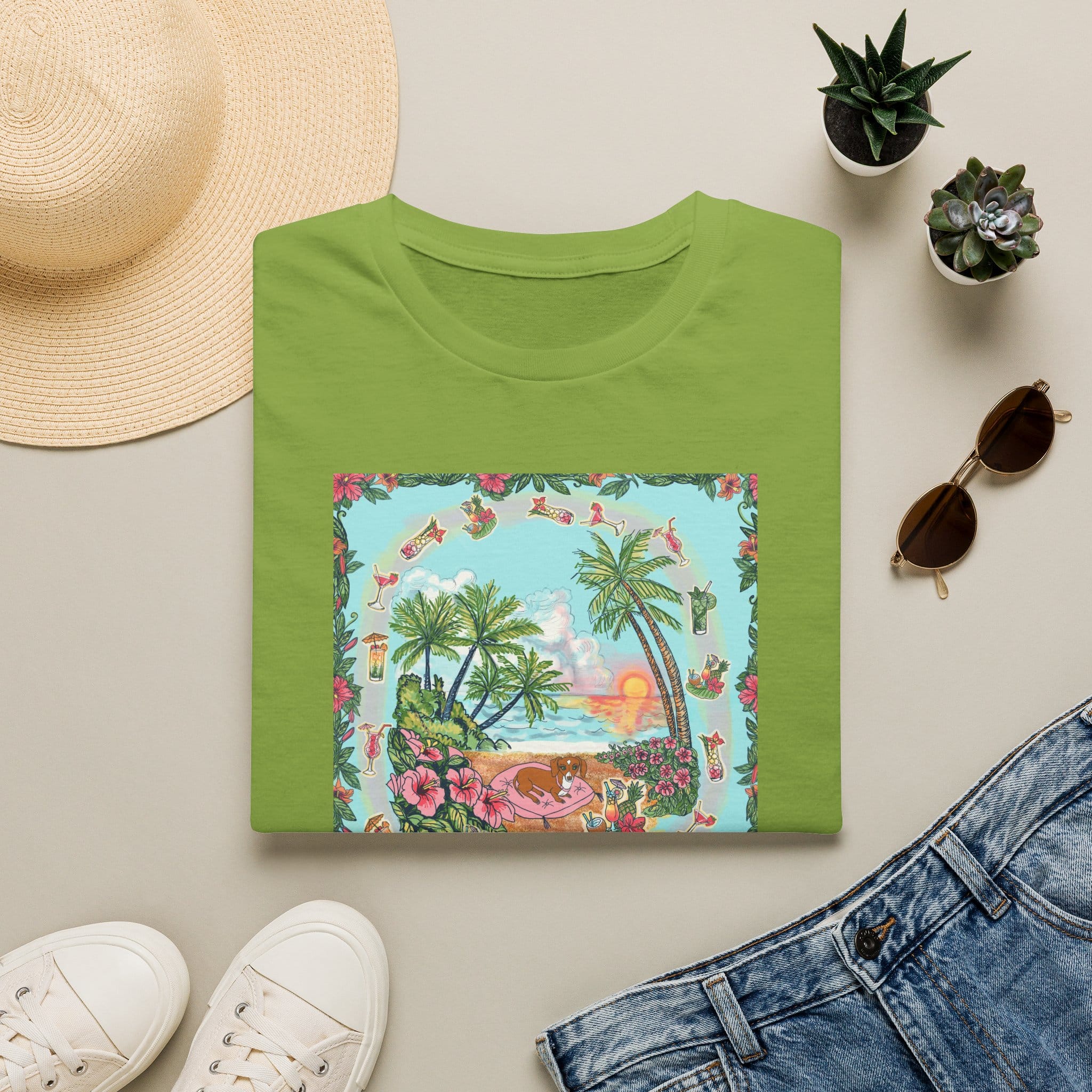 Dachshund on a Tropical Sunset Beach T-Shirt — Vintage Beach Floral Graphic - Image 21