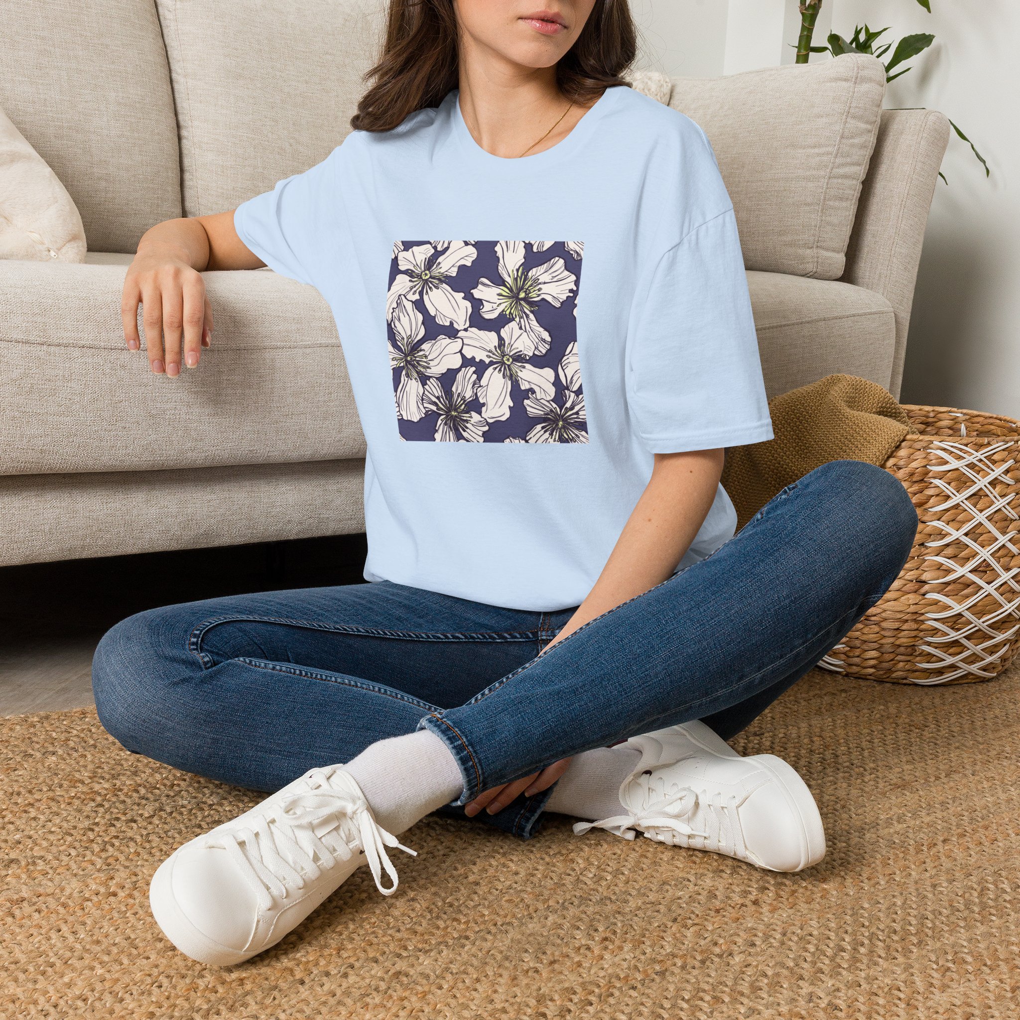 Floral Square Tee — White Clematis Print T-Shirt - Image 2