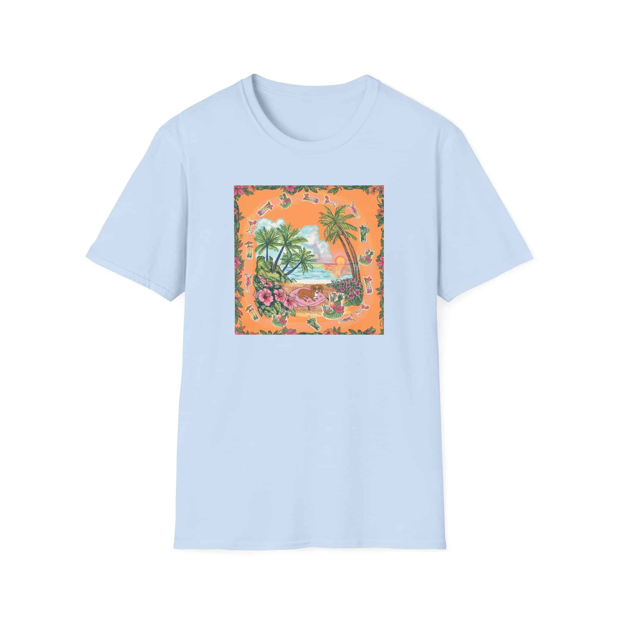 Girl Dachshund on a Tropical Sunset Beach T-Shirt — Vintage Beach Floral Graphic - Image 6