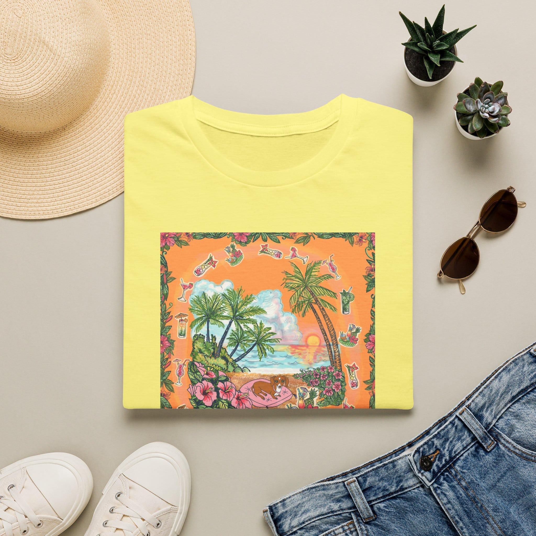 Girl Dachshund on a Tropical Sunset Beach T-Shirt — Vintage Beach Floral Graphic - Image 31