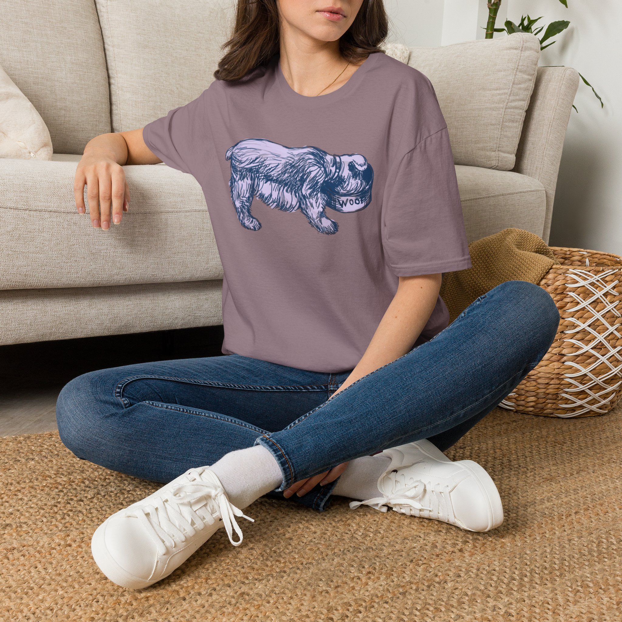 Quirky Vintage Pup Illustration T-Shirt — 'Woof' Dog Bowl Graphic - Image 20