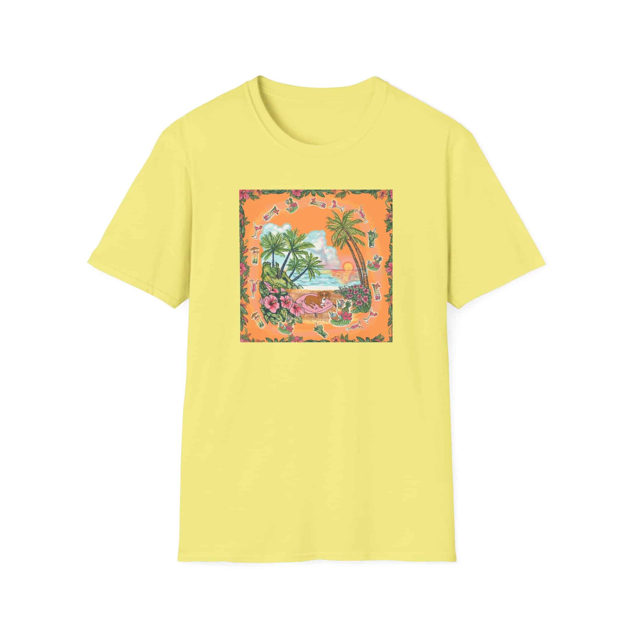 Girl Dachshund on a Tropical Sunset Beach T-Shirt — Vintage Beach Floral Graphic - Image 33