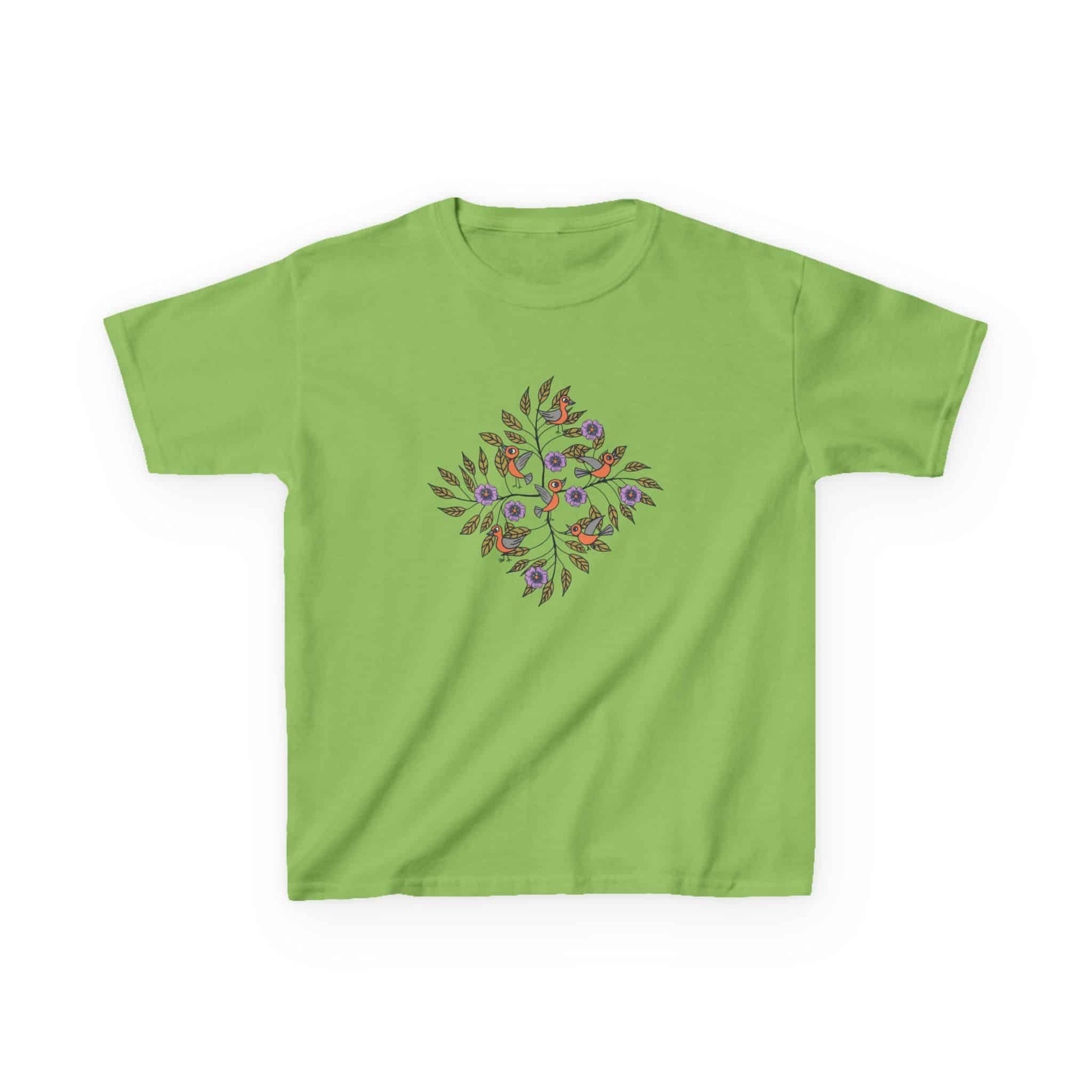 Kids Tee — Colorful Leaf Bird and Floral Mosaic Graphic Kids T-Shirt | Nature-Inspired Autumn Shirt for Boys & Girls - Image 2
