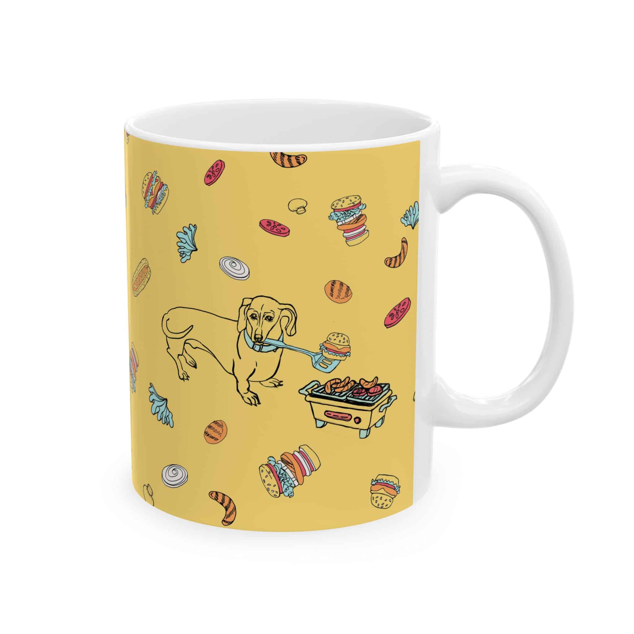 Dachshund Cooking on Hibachi Pattern Ceramic Mug — Cute Burger & Hot Dog 11oz/15oz Coffee Cup - Image 2