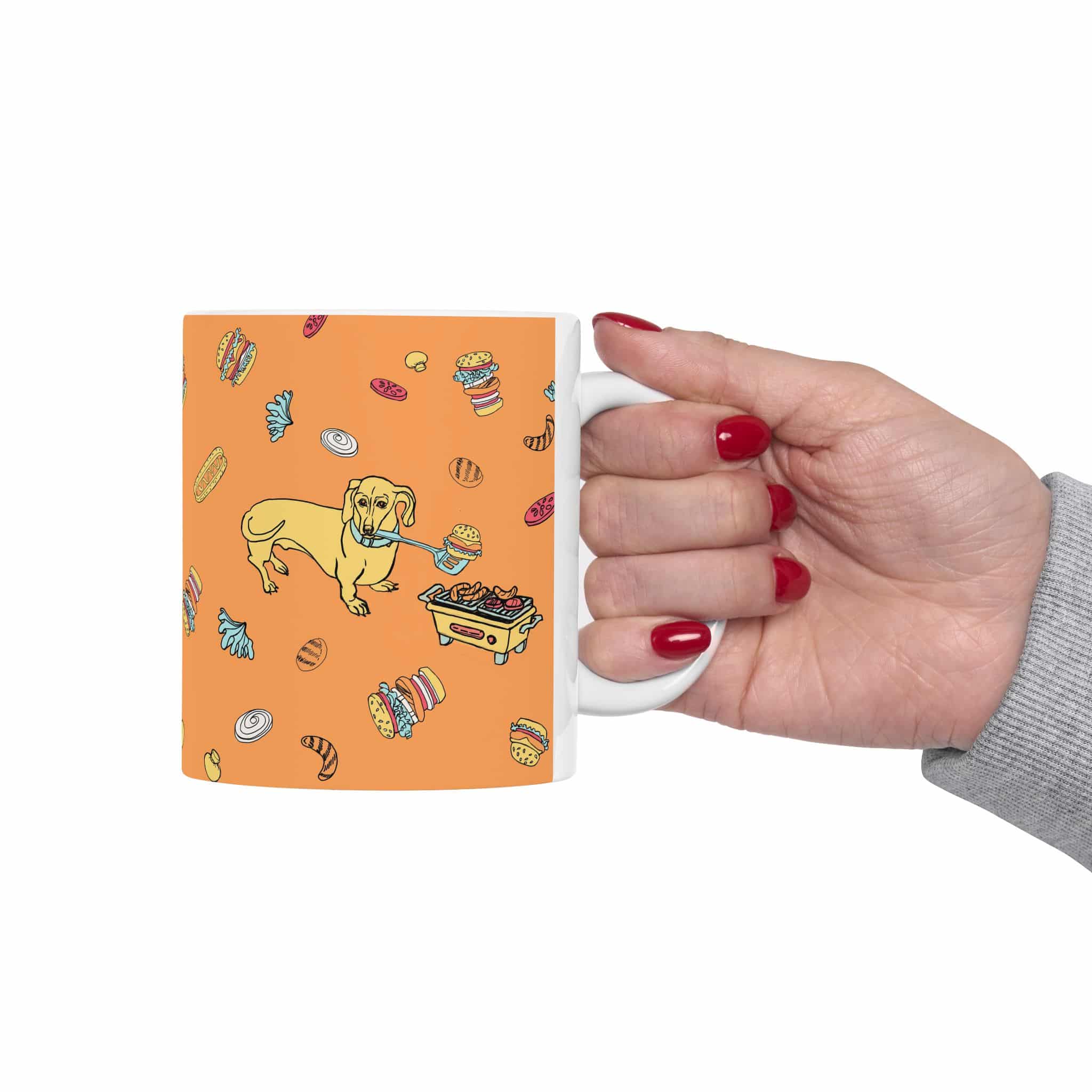 Dachshund Cooking on Hibachi Pattern Ceramic Mug — Cute Burger & Hot Dog 11oz/15oz Coffee Cup - Image 3