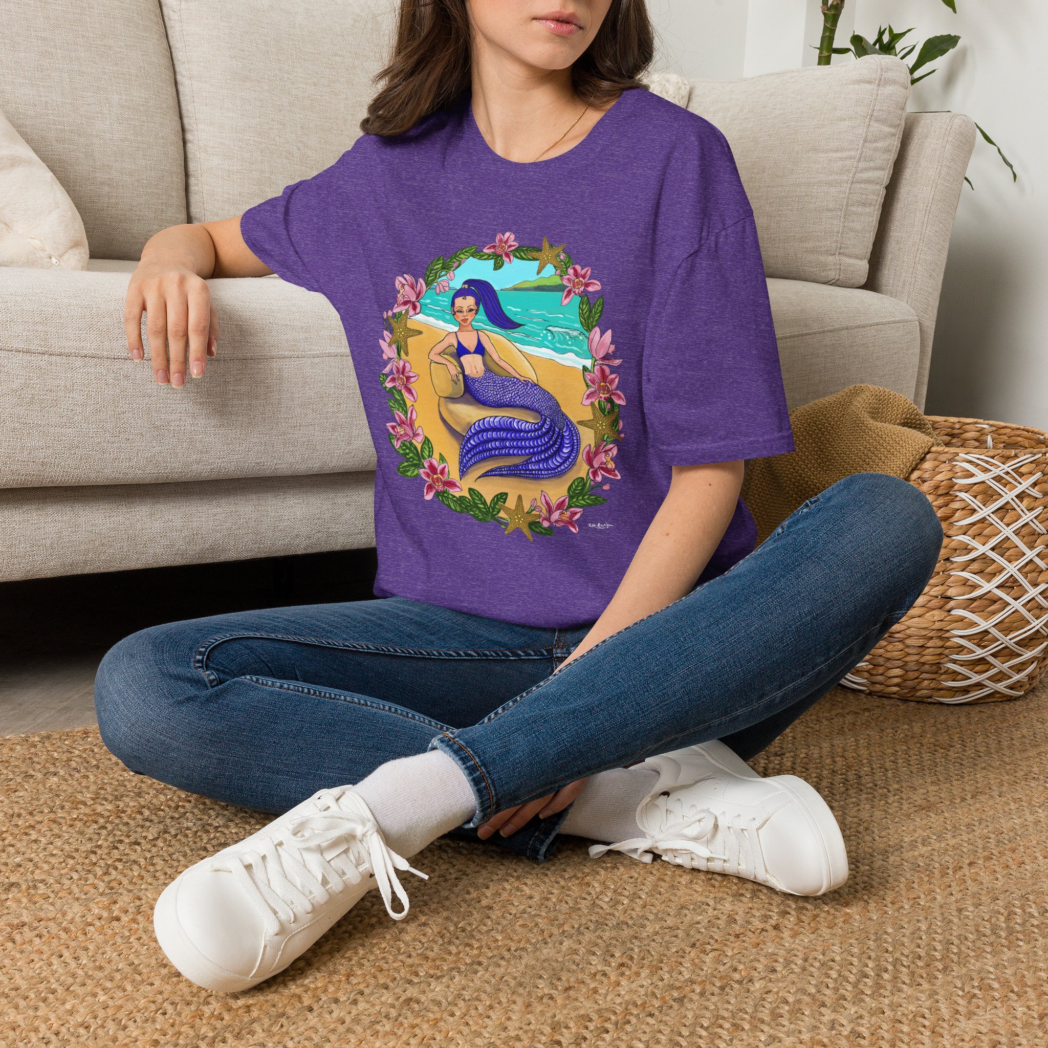Blue-Haired Mermaid Beach Vibes T-Shirt — Tropical Floral Ocean Graphic - Image 23