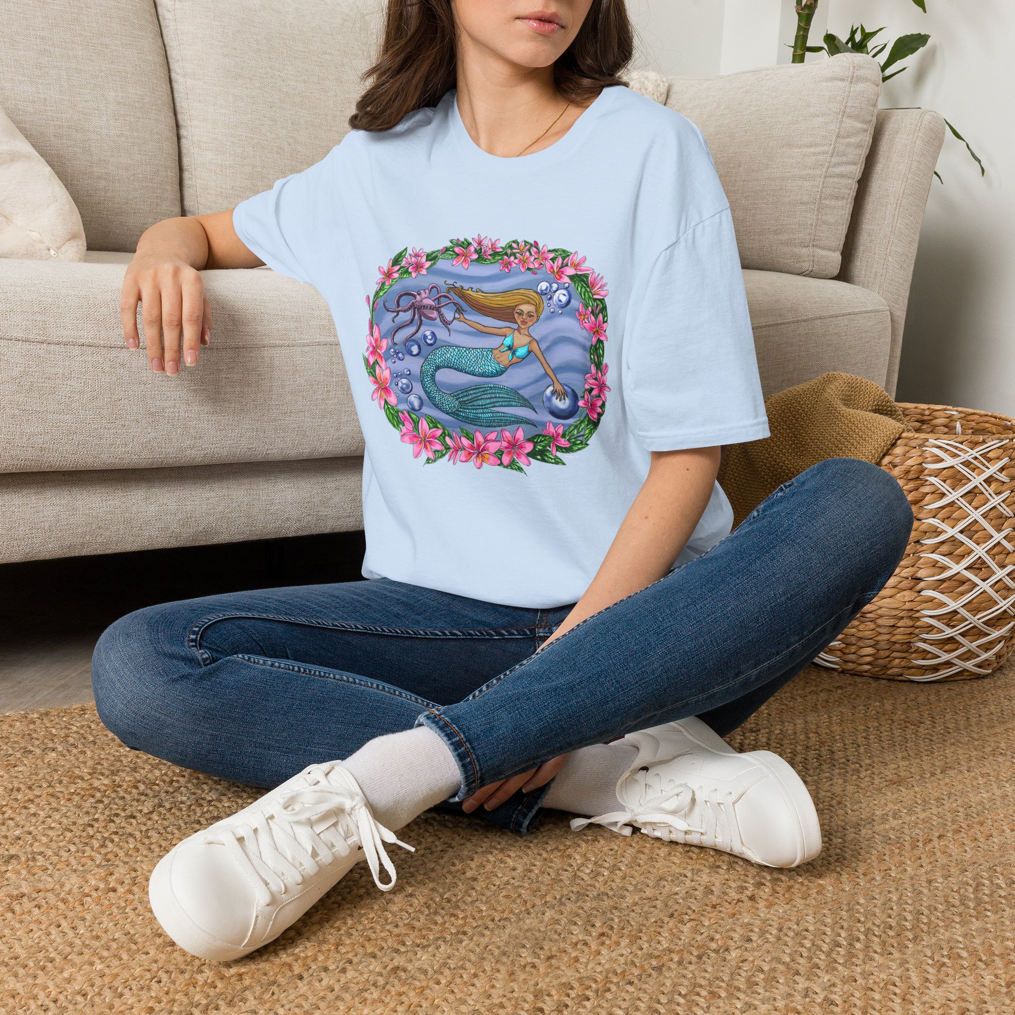 Mermaid With Octopus Beach Vibes T-Shirt — Tropical Floral Ocean Graphic - Image 2