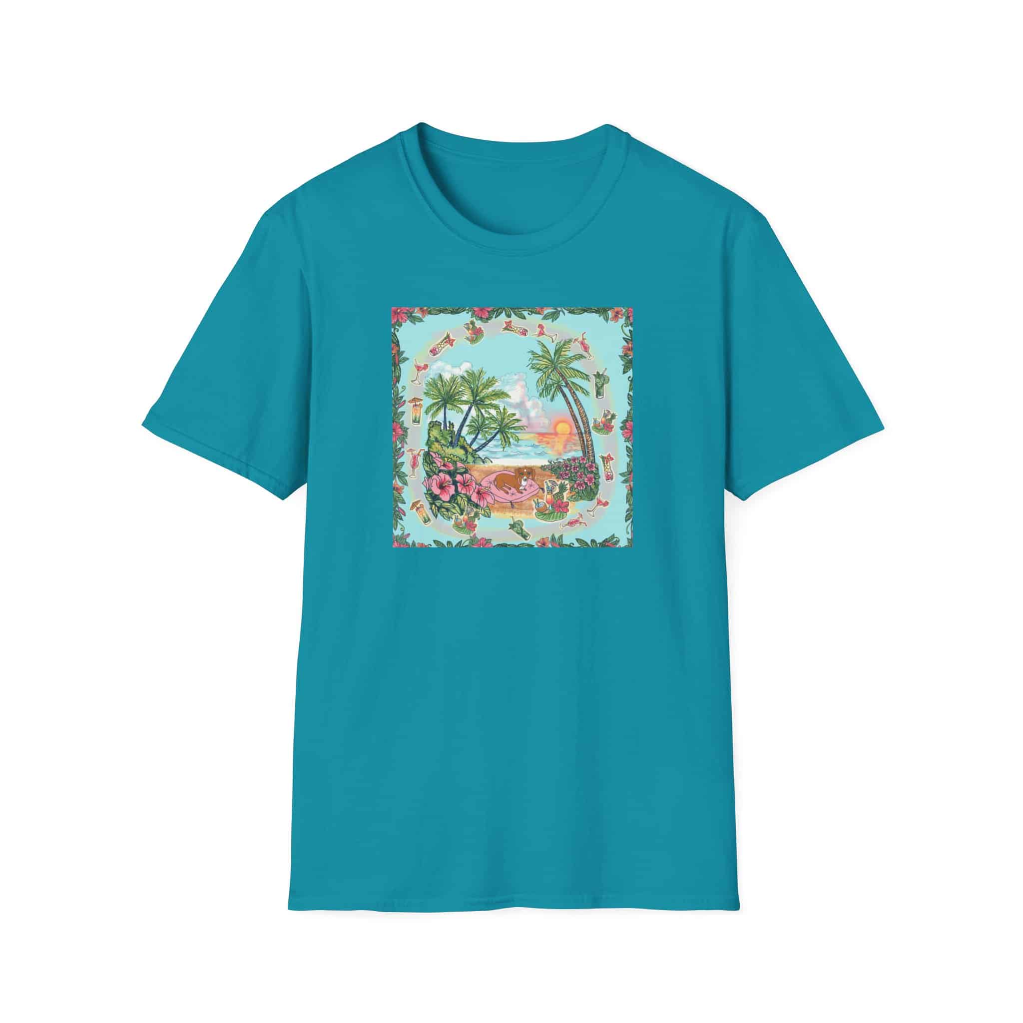 Dachshund on a Tropical Sunset Beach T-Shirt — Vintage Beach Floral Graphic - Image 31