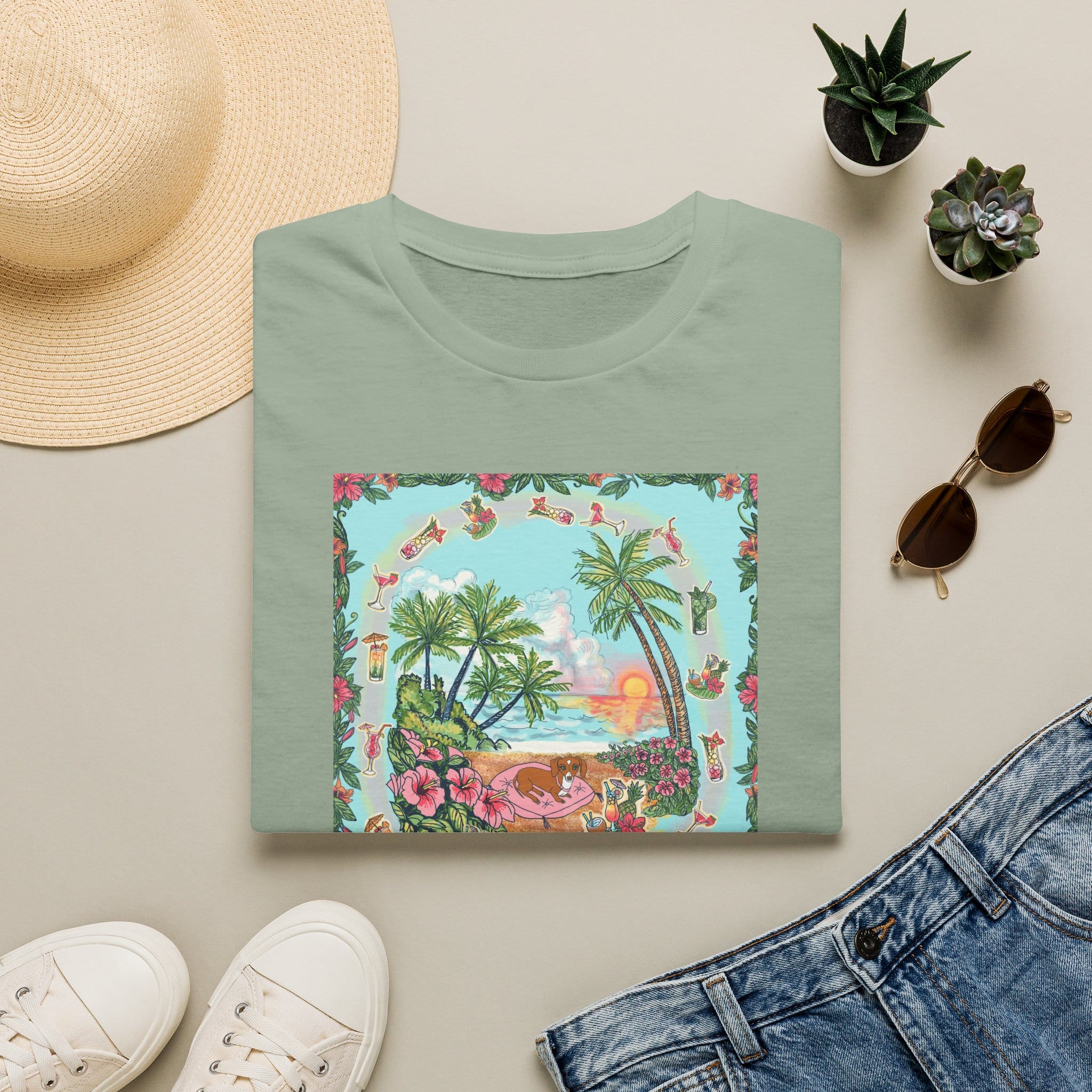 Dachshund on a Tropical Sunset Beach T-Shirt — Vintage Beach Floral Graphic - Image 7