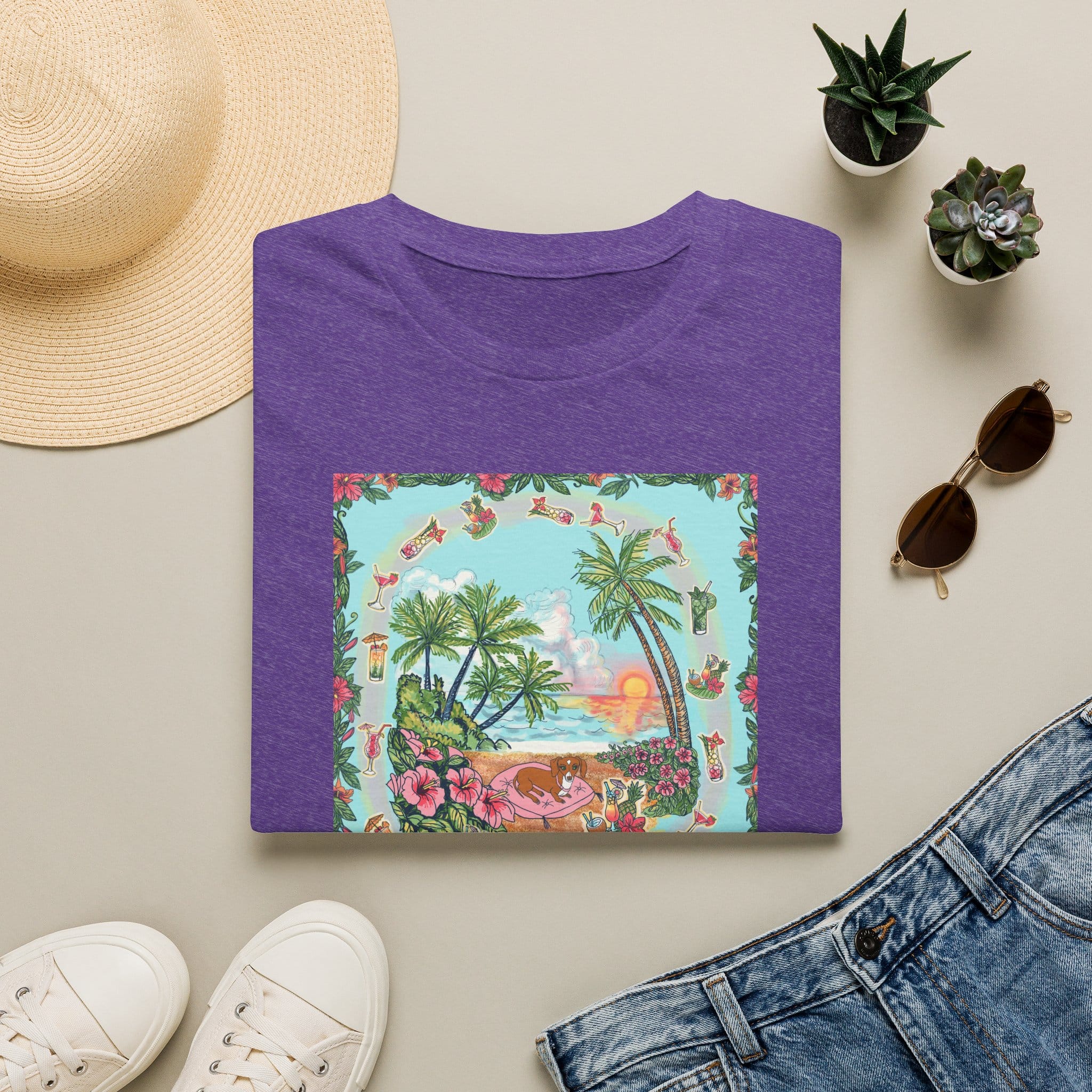 Dachshund on a Tropical Sunset Beach T-Shirt — Vintage Beach Floral Graphic - Image 10
