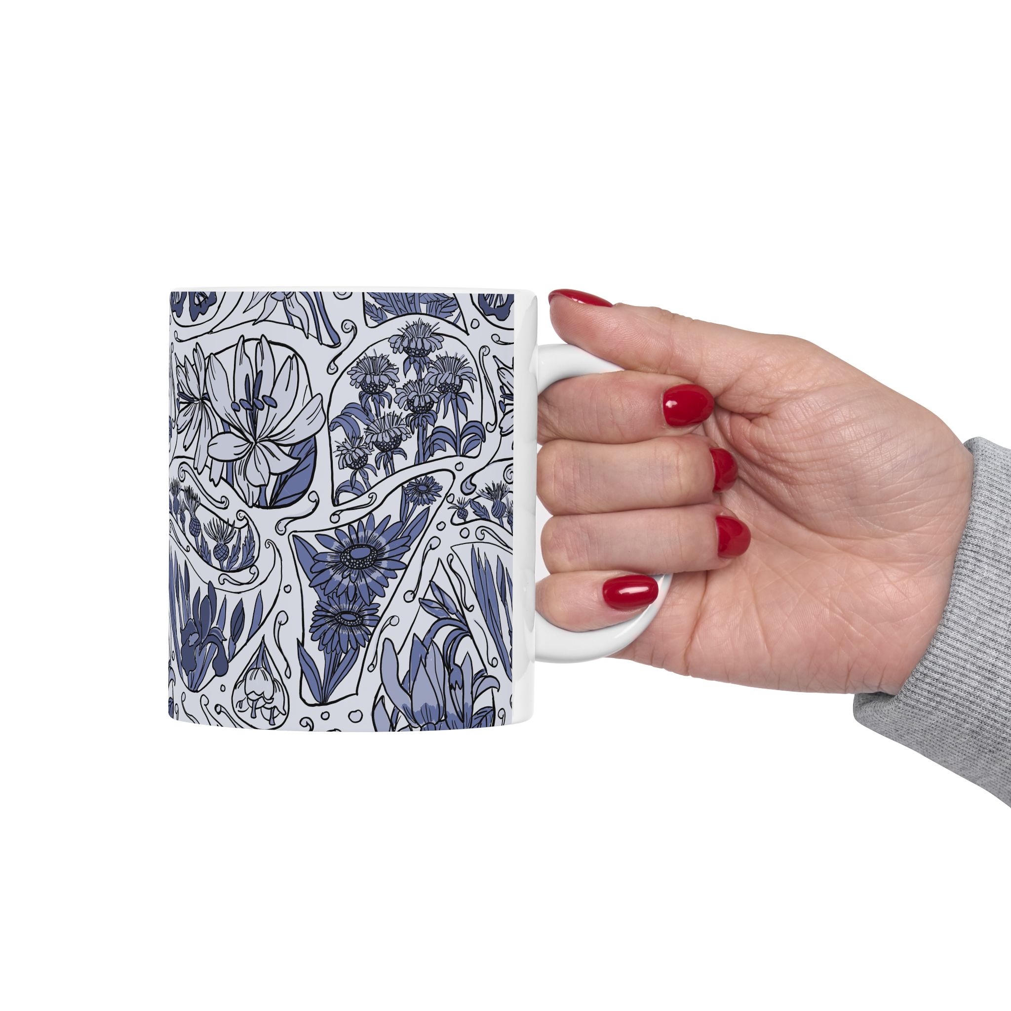 Blue Floral Pattern Ceramic Mug — Hand-Drawn Botanical Design (11oz & 15oz) - Image 3