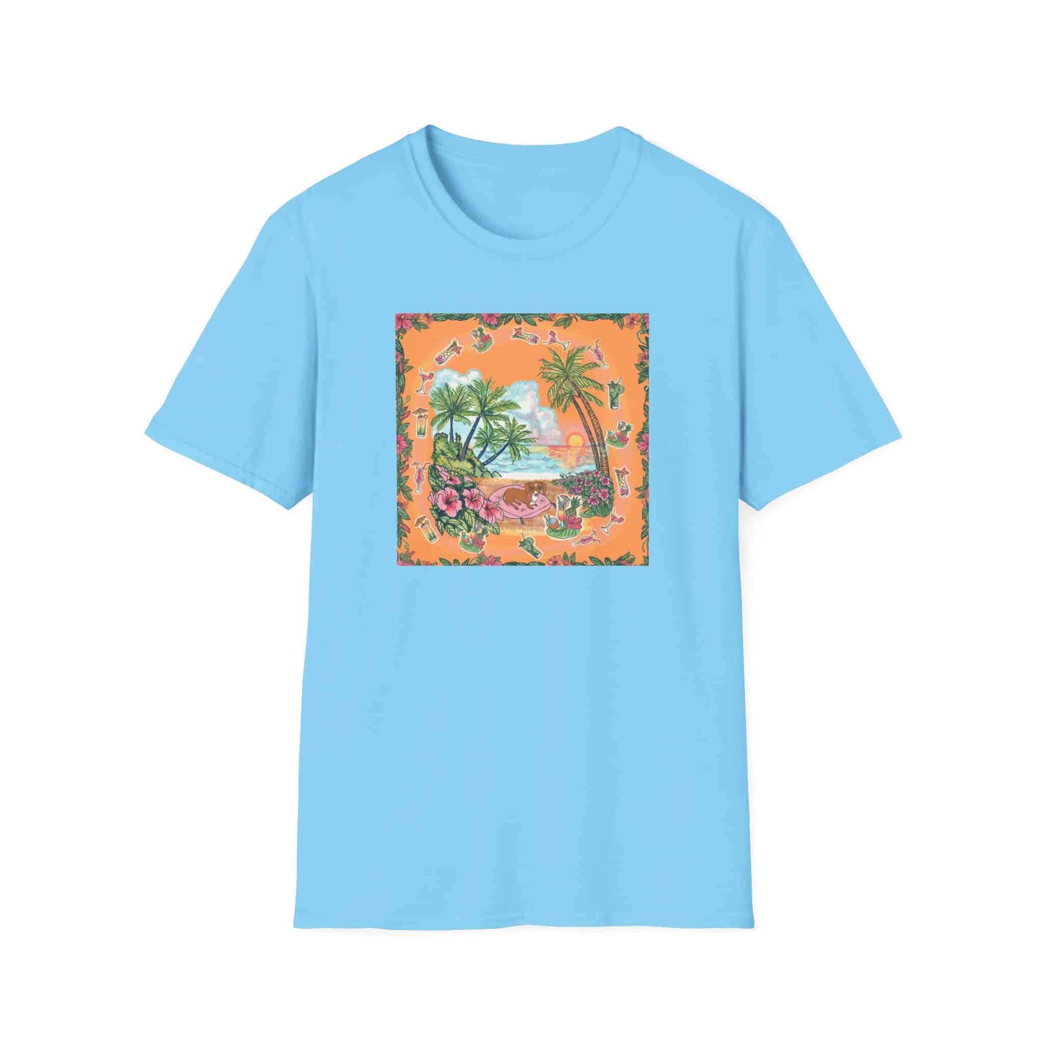 Girl Dachshund on a Tropical Sunset Beach T-Shirt — Vintage Beach Floral Graphic - Image 24