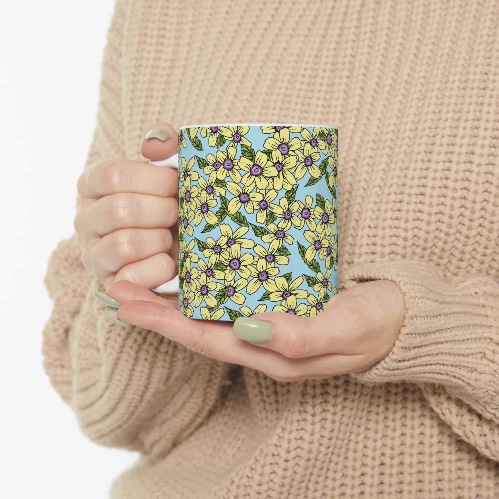 Floral Pattern Ceramic Mug — Yellow Blossoms on Sky Blue (11oz & 15oz) - Image 5