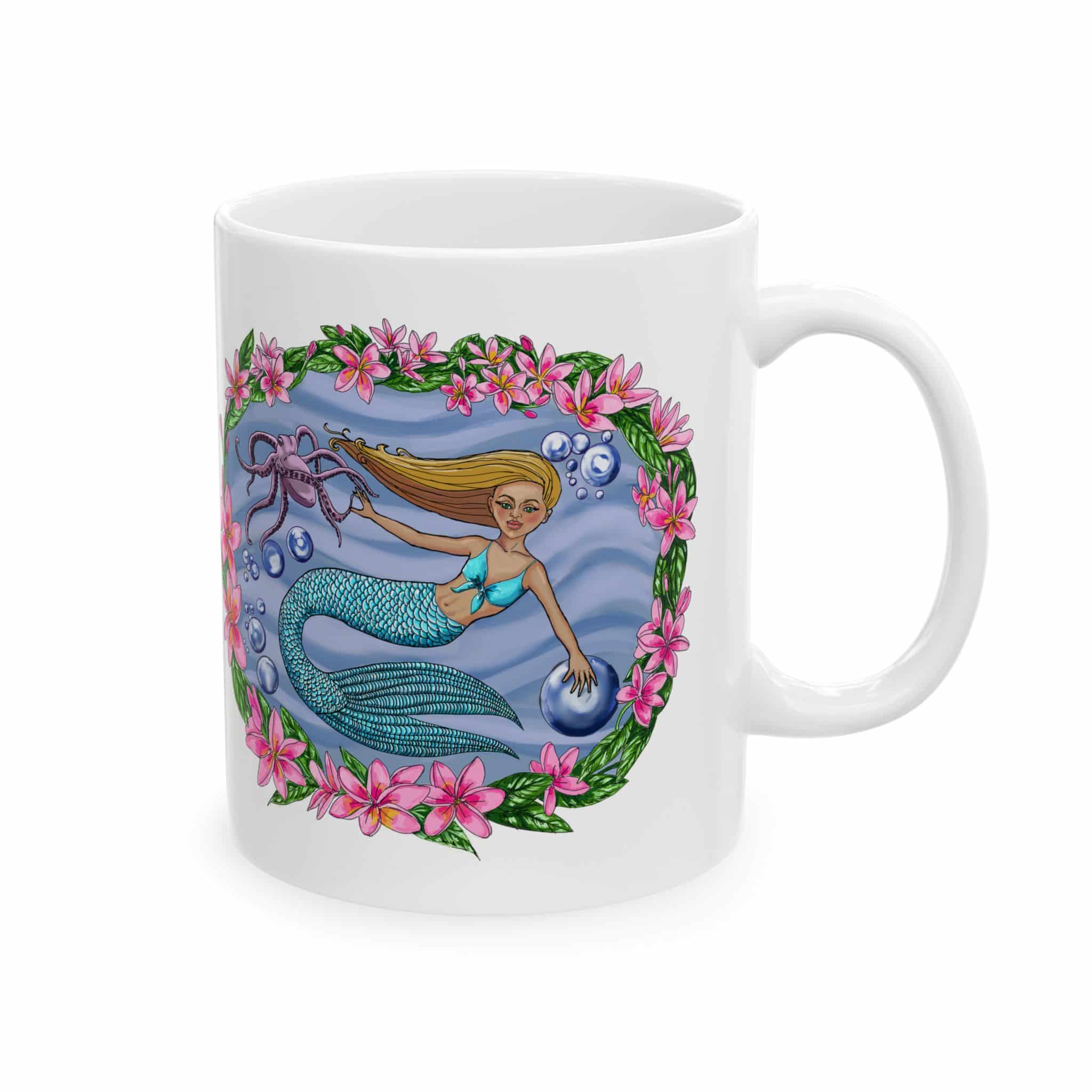 Mermaid with Octopus Friend Floral Ceramic Mug — Cute Ocean Mermaid Coffee Cup (11oz & 15oz) - Image 2