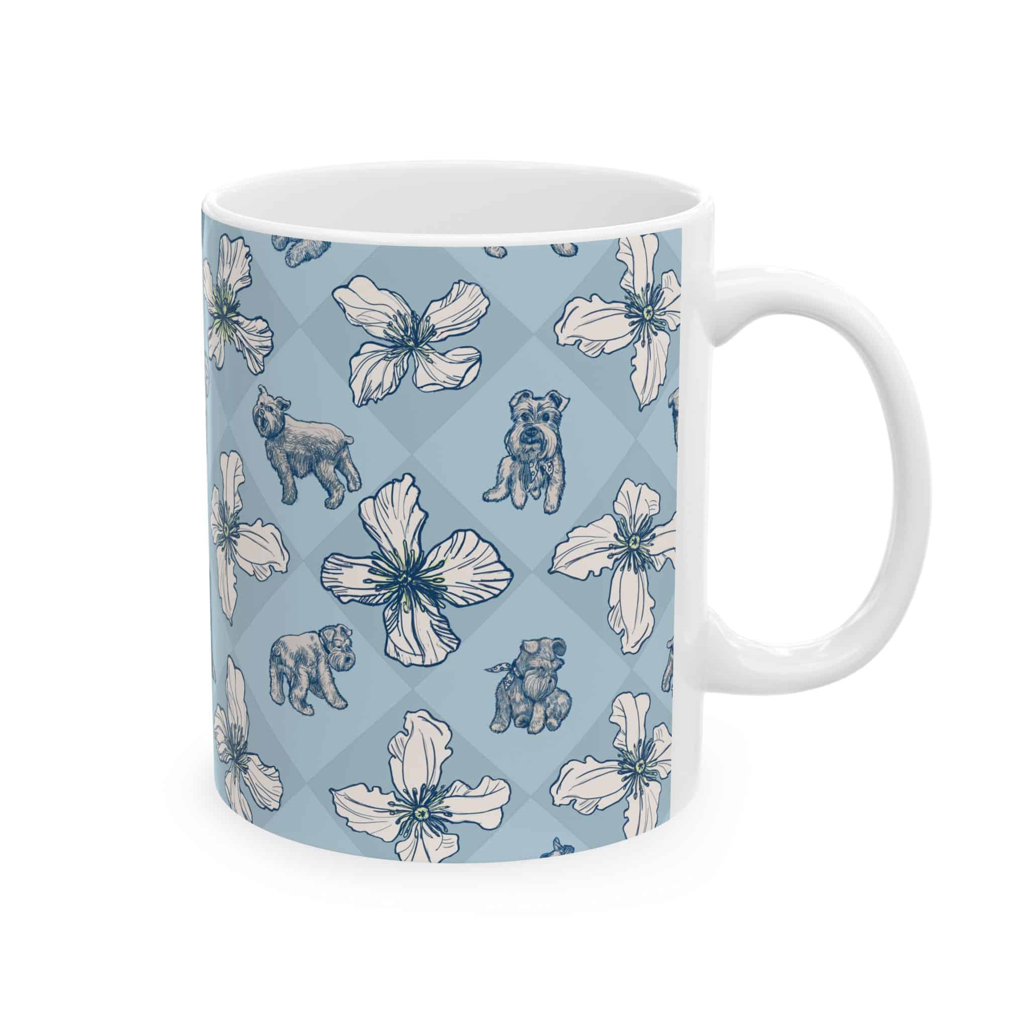 Blue Floral Pug Ceramic Mug — Cute Schnauzer Dog Pattern Coffee Cup (11oz, 15oz) - Image 2