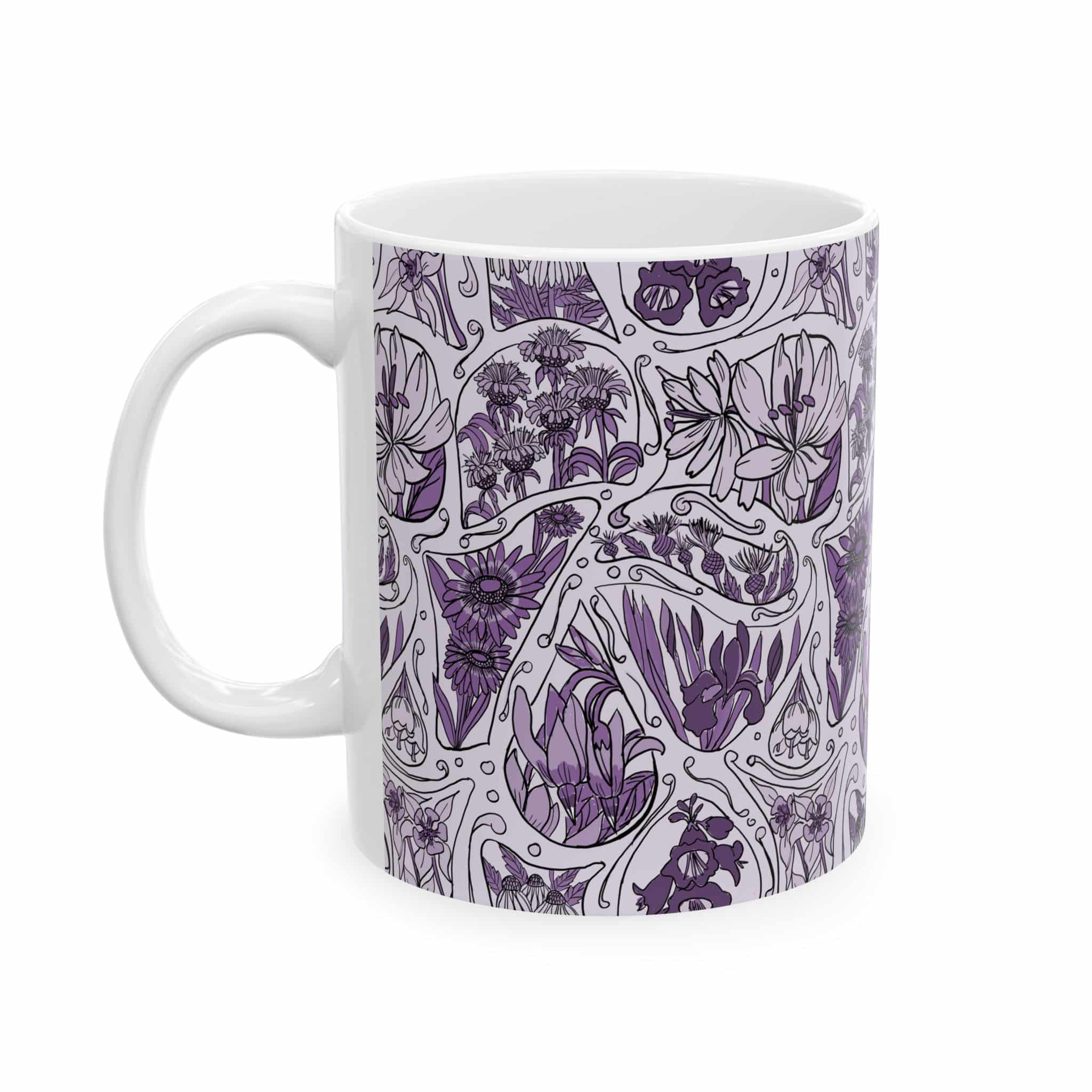 Monochrome Purple Floral Pattern Ceramic Mug — Hand-Drawn Botanical Design (11oz & 15oz)