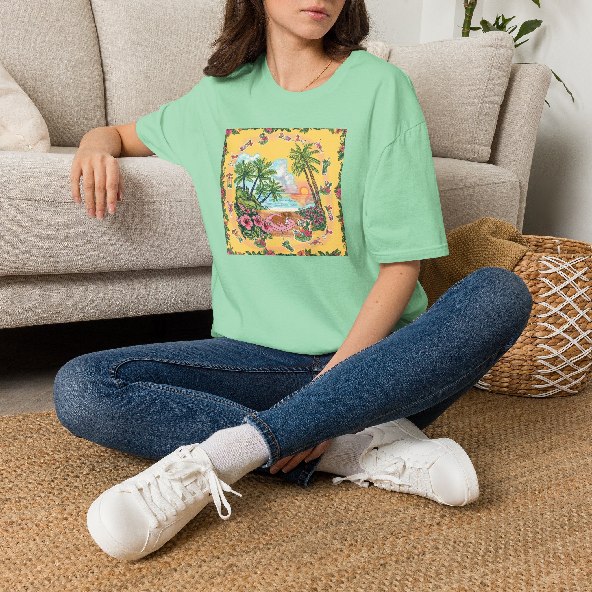 Girl Dachshund on a Tropical Sunset Beach T-Shirt — Vintage Beach Floral Graphic - Image 22