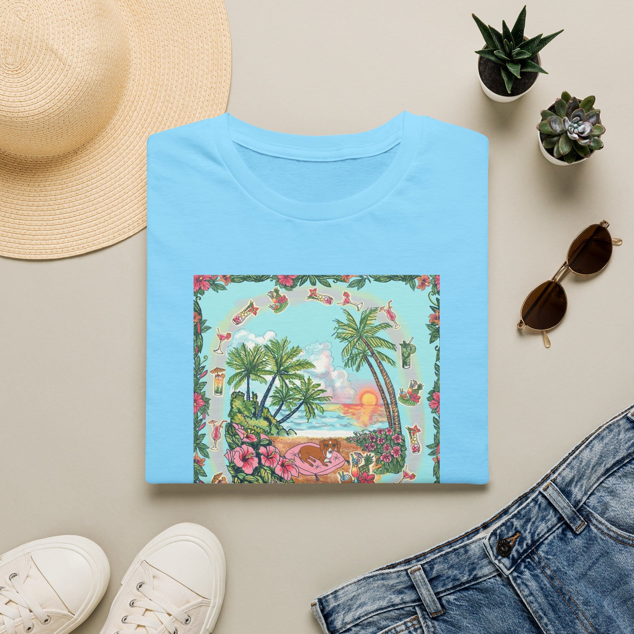 Dachshund on a Tropical Sunset Beach T-Shirt — Vintage Beach Floral Graphic - Image 33