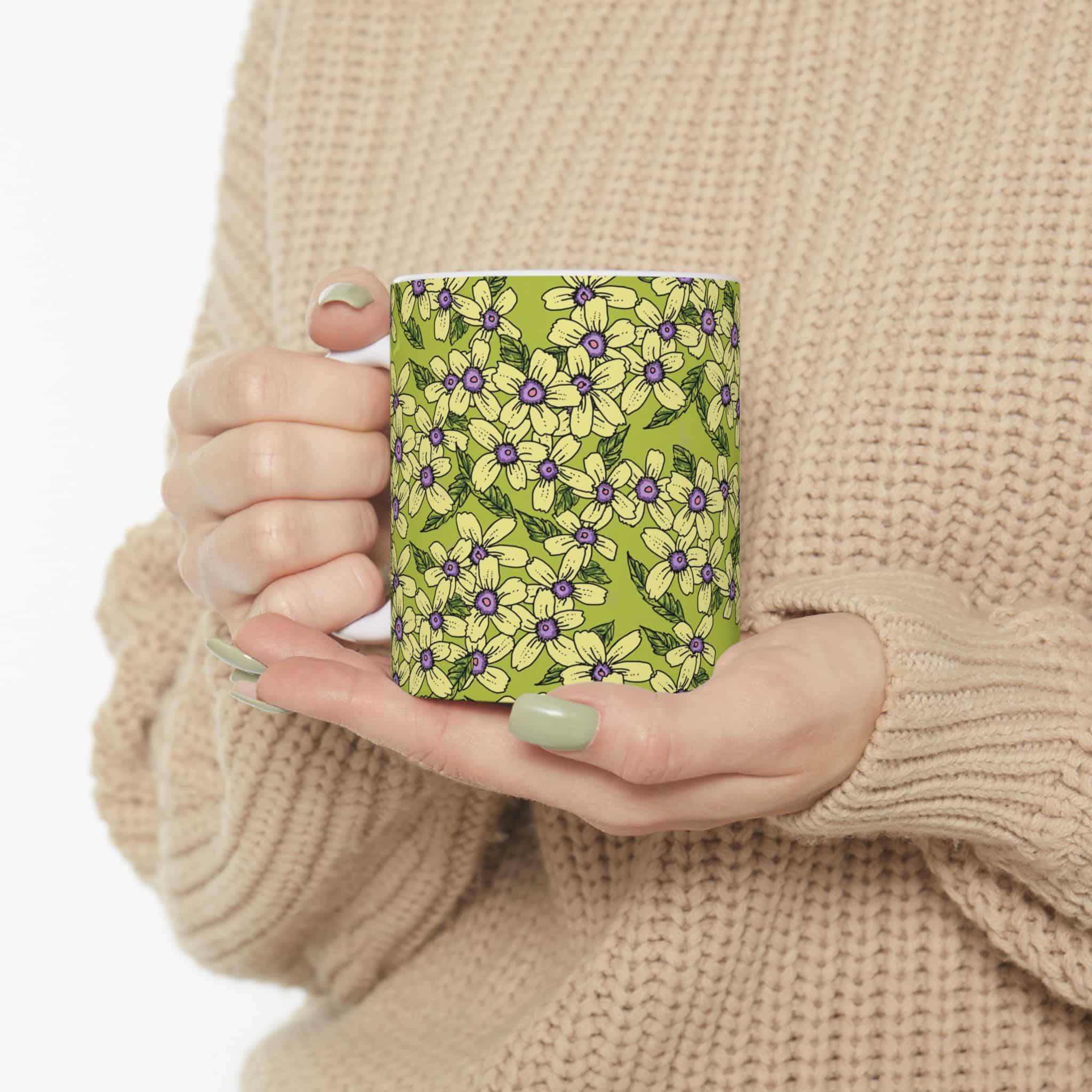 Floral Pattern Ceramic Mug — Green Daisy Bloom Coffee Cup (11oz & 15oz) - Image 5