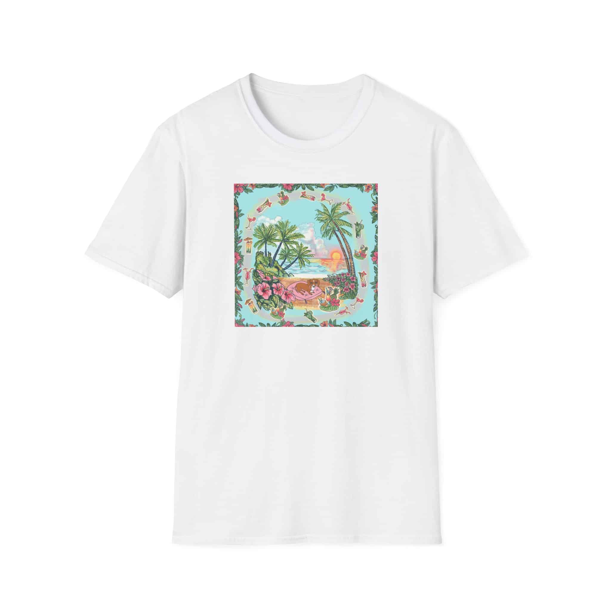 Dachshund on a Tropical Sunset Beach T-Shirt — Vintage Beach Floral Graphic - Image 15